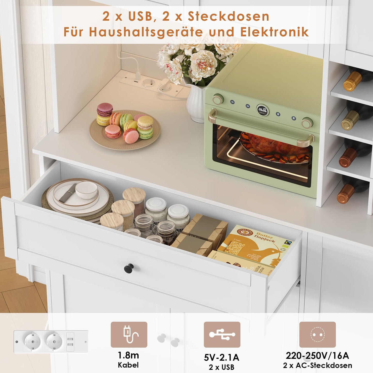 FirFurd Kitchen Cabinet 180 cm Buffet Cabinet with LED Sideboard for Kitchen with Power Strip Kitchen Cabinet with Worktop and Wine Rack for 12 Bottles Kitchen Buffet Kitchen Furniture 180 x 100 x 39