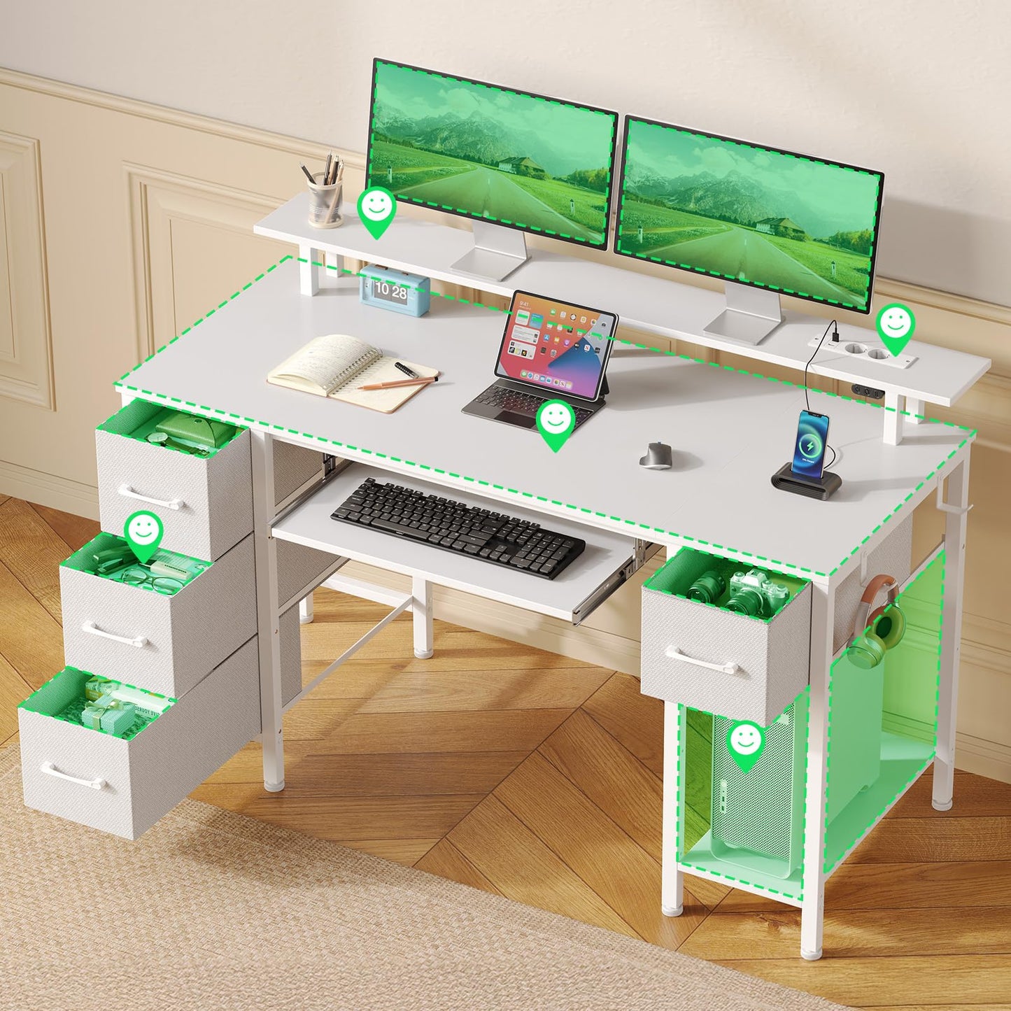 Rolanstar Desk with Drawers, 120 x 47 cm Gaming Table with Socket, LED & Monitor Stand, Computer Desk with Keyboard Tray, Gaming Desk for Home Office, Office, Living Room, White