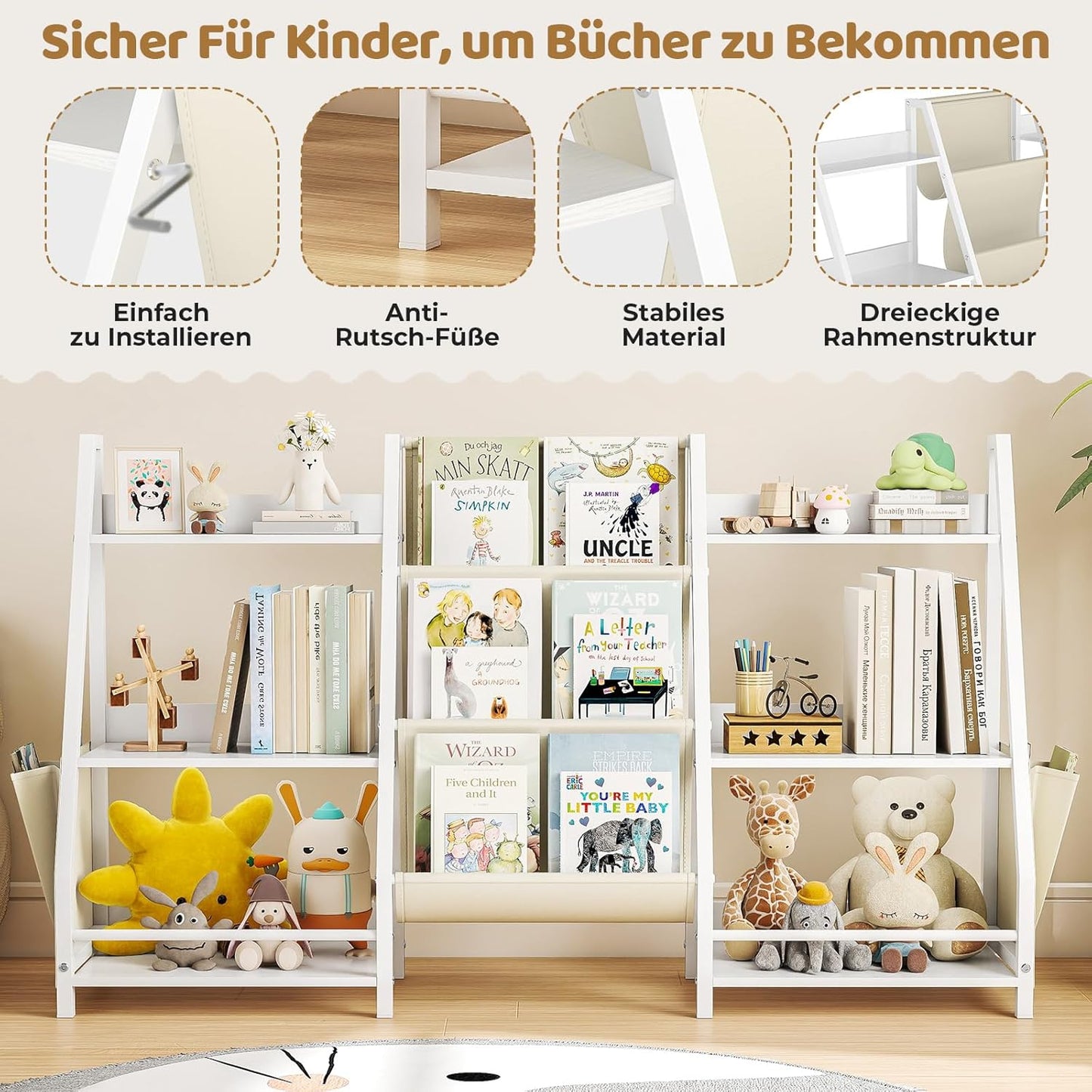 Children's Bookcase with 3 Shelves and 6 Open Compartments, Children's Bookcase for Storing Picture Books and Toys, 127 x 30 x 72 cm, White Children's Room Furniture