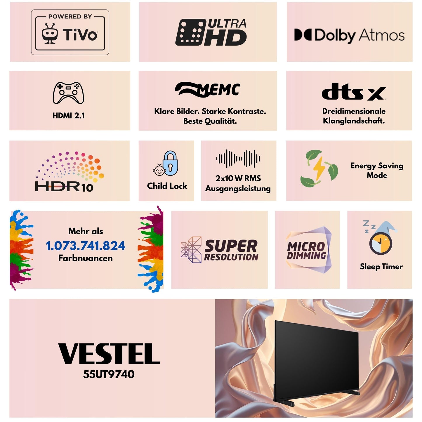 Vestel Fernseher 50 Zoll Smart TV Powered by TiVo, 4K UHD Fernseher mit Dolby Vision HDR, Dolby Atmos und integriertem Triple-Tuner, LED TV 50UT9740 schwarz