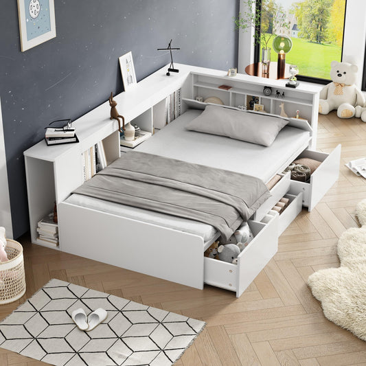TZCIN Kinderbett 140x200 cm Doppelbett, Holzbett mit Stauschrank, Bücherregal, Regal und Schubladen, Flachbett Stauraumbett Funktionsbett Jugendbett, Bettgestell mit Lattenrost, Ohne Matratze, Weiß