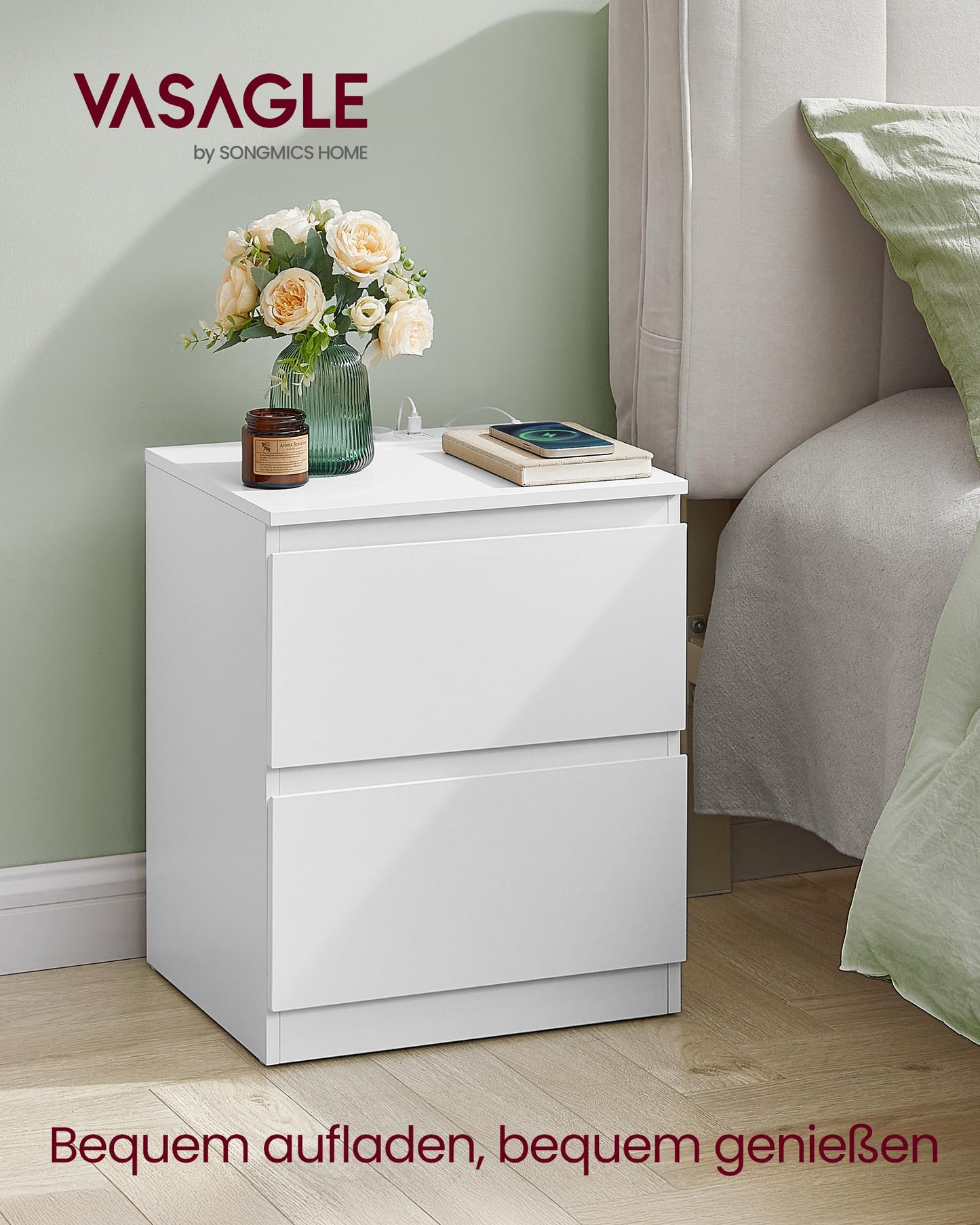 VASAGLE Kailyn Collection - Bedside Table with Power Strip, Set of 2, Side Table 2 Drawers, 2 AC Sockets, 2 USB-A Ports, for Bedroom, Cloud White LET821W02