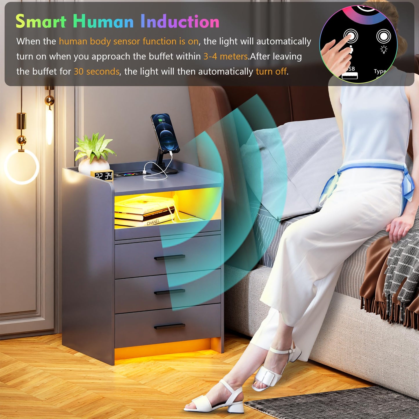 Lvifur Bedside Cabinet Set of 2 with Lighting, LED Bedside Table with Charging Function, 24 Colours Dimmable, Sideboard with 3 Drawers, USB Type-C Automatic Sensor, Bedroom, Grey