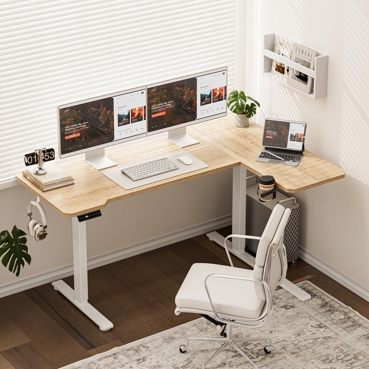 Acrolix Height-Adjustable Desk L Shape, 150 x 100 cm, Electric Corner Desk, Height Adjustable 72-118 cm, with Drink Holders and Hooks, Sturdy Scaffolding Corner Desk, Brown