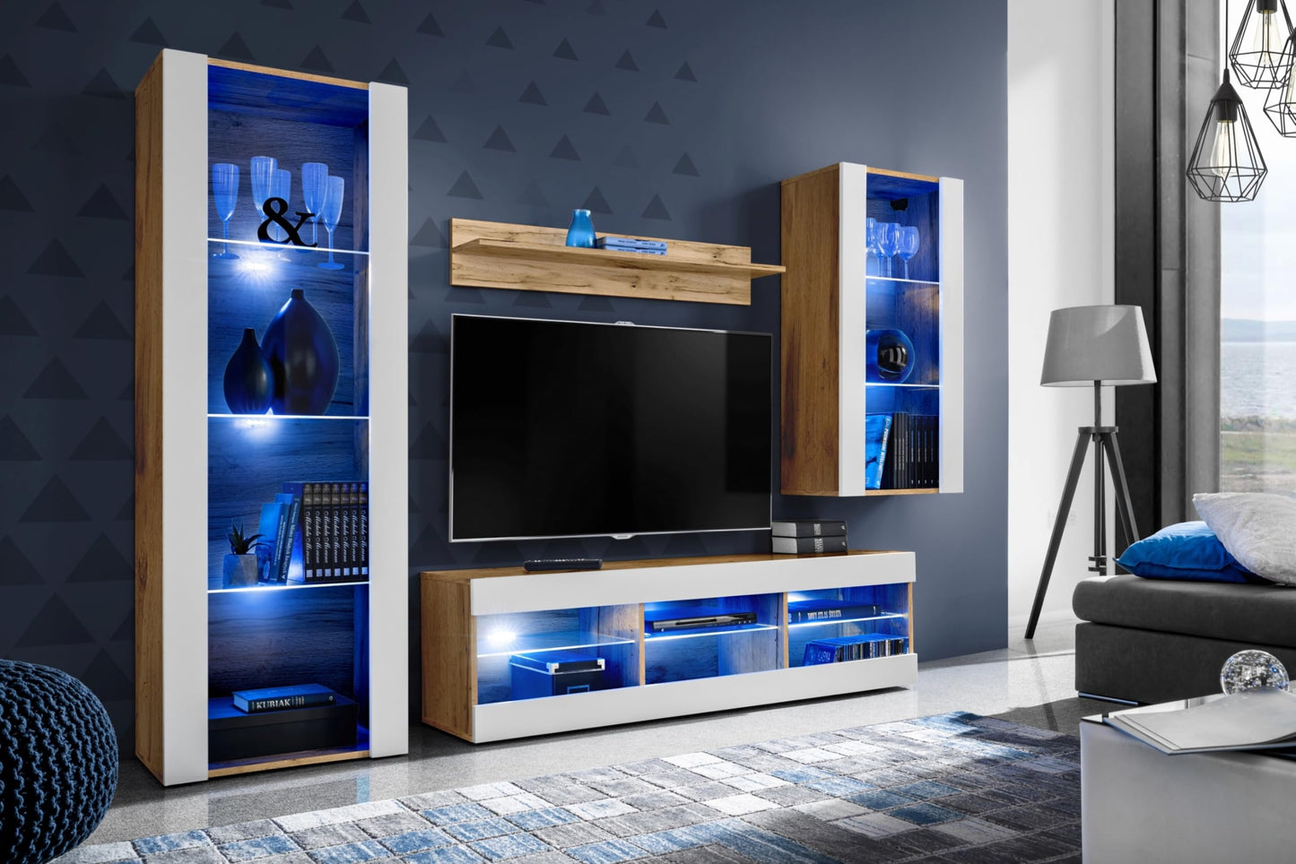 Komodee Tivoli Medio Wall Unit Living Room Set, Black/Black, Width 245 cm x Height 159 cm x Depth 35 cm, LED Blue, for Living Room, Bedroom