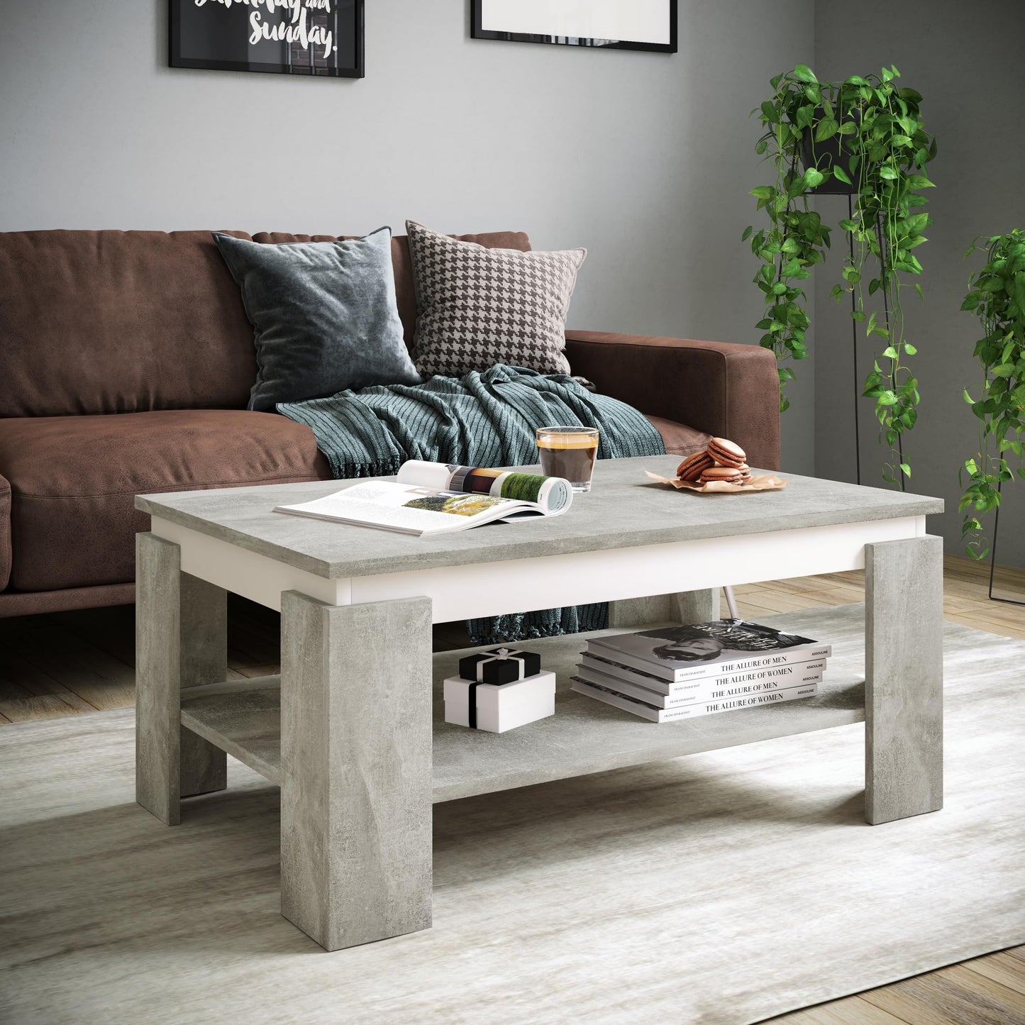 Hela Tische, Tim Coffee Table, Square Sofa Table, Melamine-Coated Wood Material, Coloured Table Wreath, Concrete Look/Anthracite, 68 x 68 x 41 cm