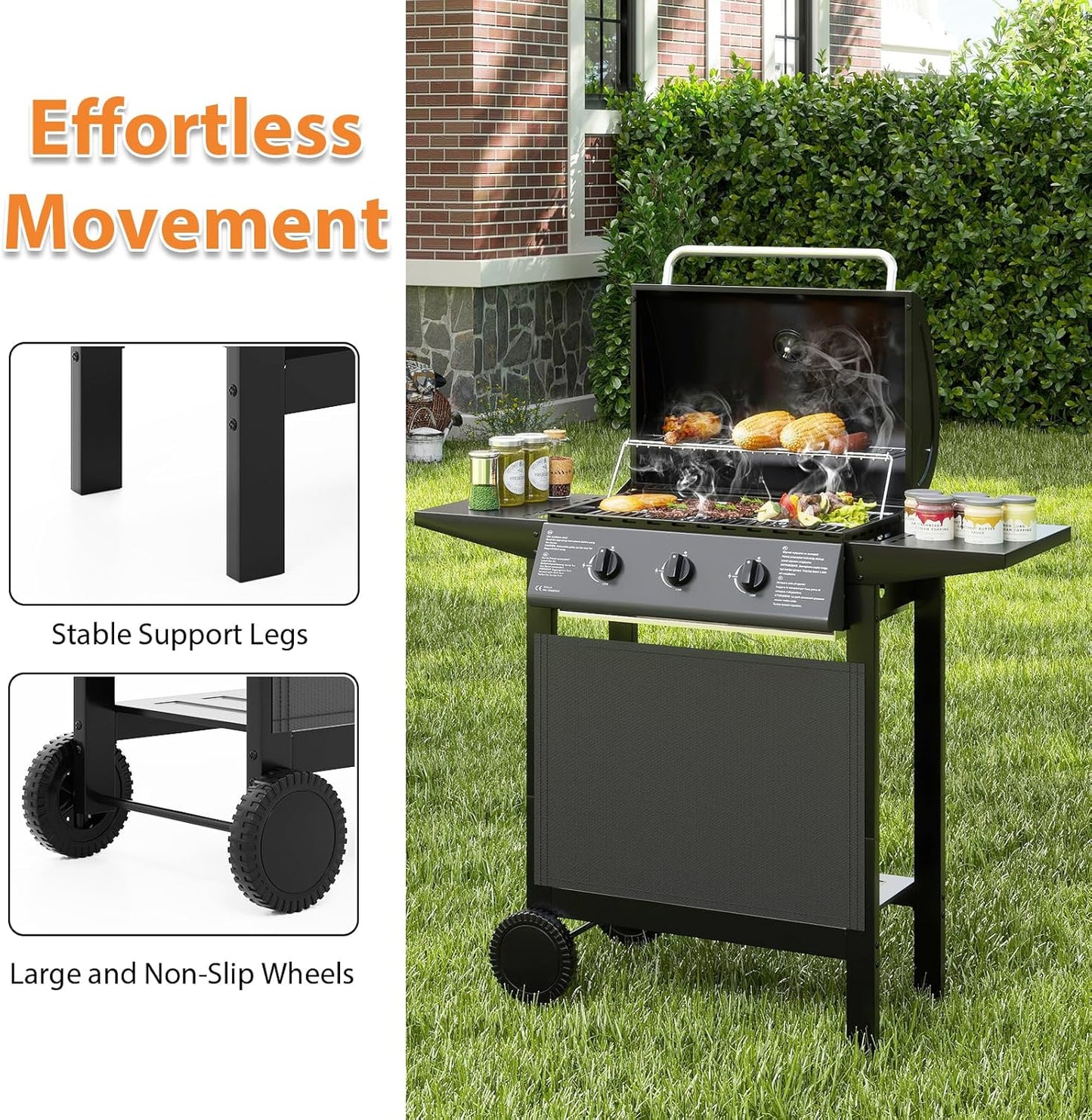 KOMFOTTEU Gas Barbecue with 3 Burners & Thermometer, 24,000 BTU, Outdoor Grill with 2 Side Plates, Cooking Grate, 2 Wheels, Garden Grill for Camping, Yard, 106 x 47 x 98 cm