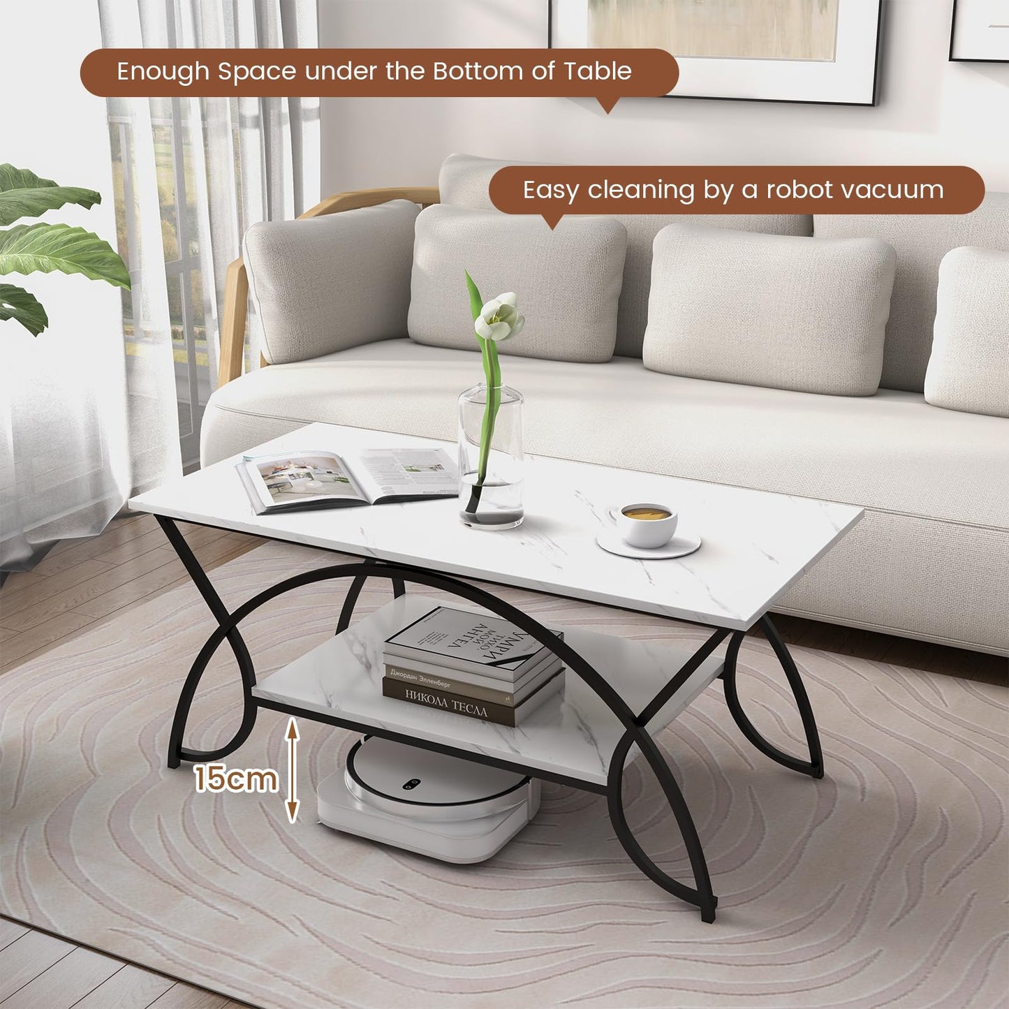 GIANTEX Coffee Table Marble Black, Coffee Table, Tea Table, 2 Shelves, Living Room Table, Modern Sofa Table, Tea Table, 100 x 50 x 45 cm, Accent Table with Metal Legs, Side Table with Marble Look