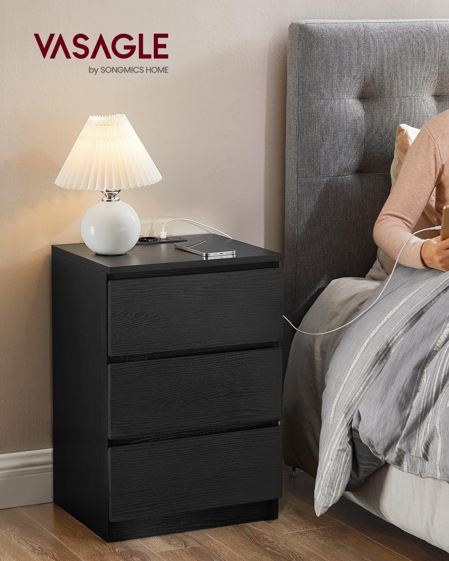 VASAGLE LET831W14 Set of 2 Bedside Tables, Side Tables, 3 Drawers, Bevelled Edge, 2 AC Outlets, 2 USB Ports, Living Room, Bedroom, Study, Modern, Cloud White