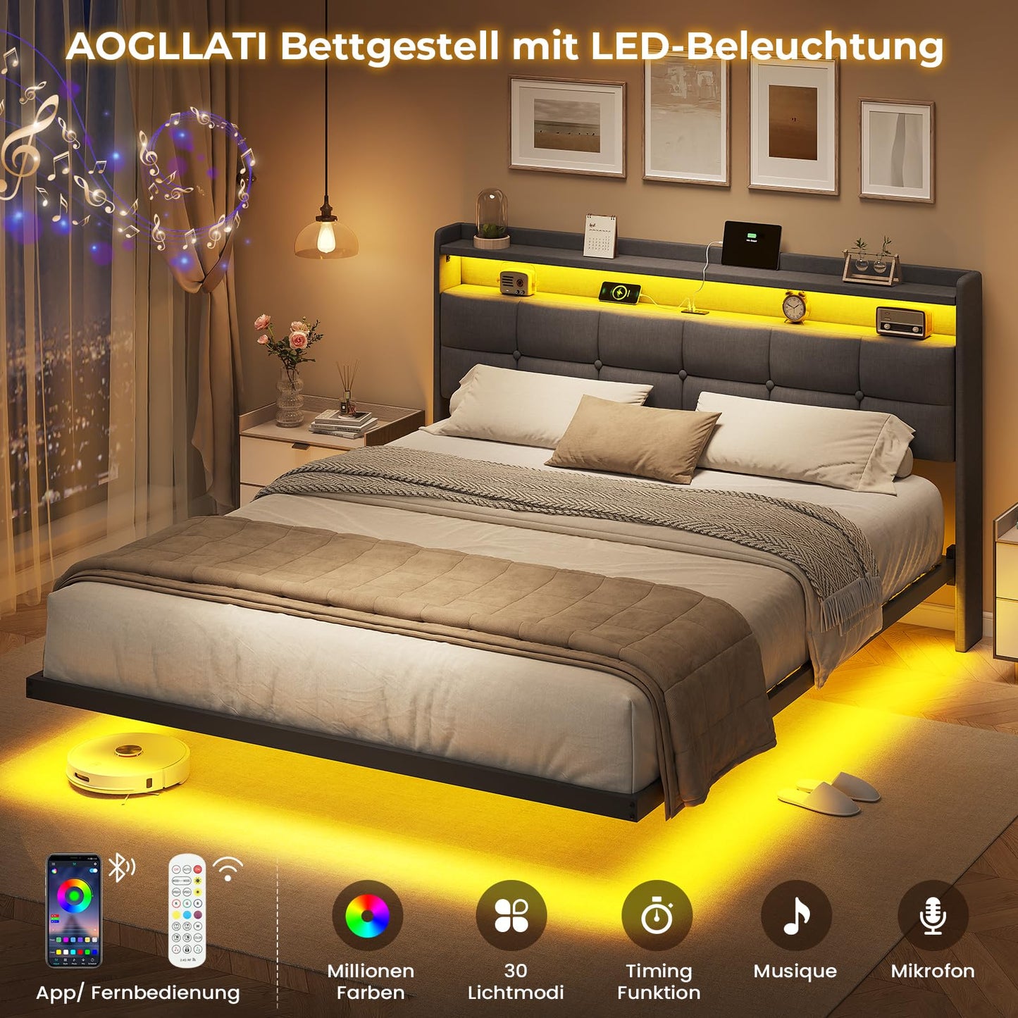 AOGLLATI Upholstered Bed 140 x 200 cm, Double Bed Frame, Bed Frame with LED Lighting and Charging Station, Bed Frame with Headboard, Bed Floating Bed Frame, Metal Bed, Linen, Dark Grey (without
