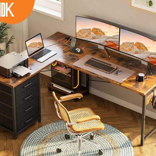 ODK Corner Desk with 4 Drawers, 155 x 110 cm, L Shape Desk with Socket and USB Charging Port, Reversible Desk with Storage Space for Office, Study, Bedroom, Vintage Brown