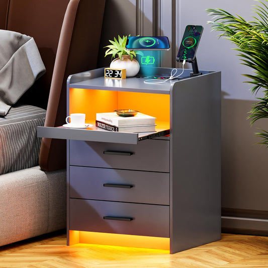 Lvifur Bedside Cabinet Set of 2 with Lighting, LED Bedside Table with Charging Function, 24 Colours Dimmable, Sideboard with 3 Drawers, USB Type-C Automatic Sensor, Bedroom, Grey