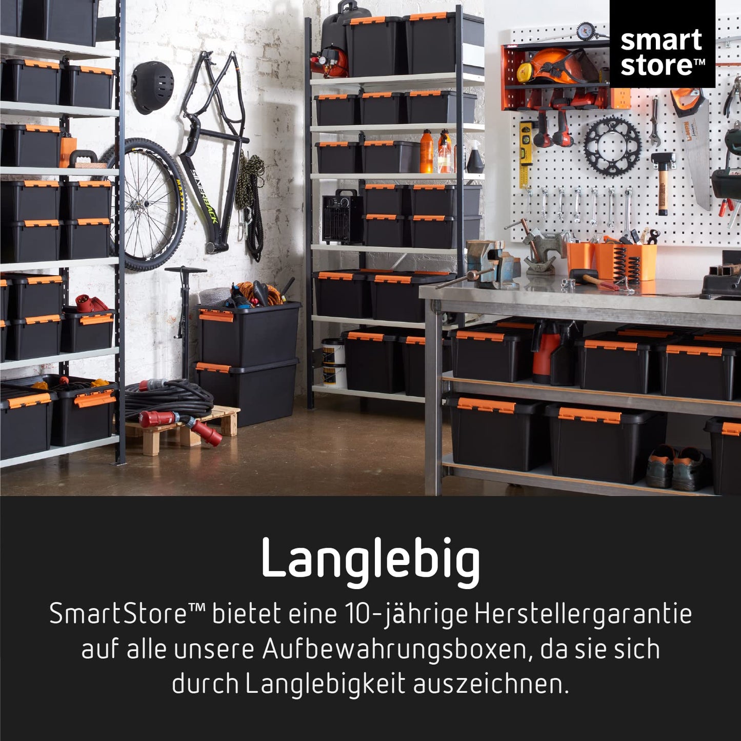 SmartStore Large Storage Boxes with Lids - Set of 4 for Tool Storage - Sturdy 49L Storage Box - Nesting on Top of Each Other - BPA Free - 59 x 39 x 34 cm - Black