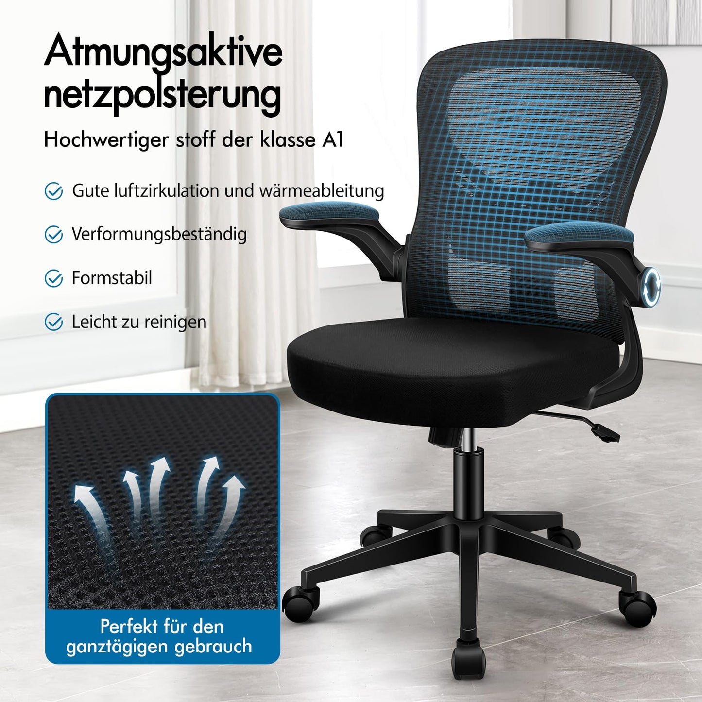 ALFORDSON Bürostuhl, Lendenstütze, Atmungsaktives Netz und Stoff, Hochklappbare/Verstellbare Armlehnen, Hochwertiger Schaumstoff, 180kg für Zuhause & Gaming, Wale, Schwarz