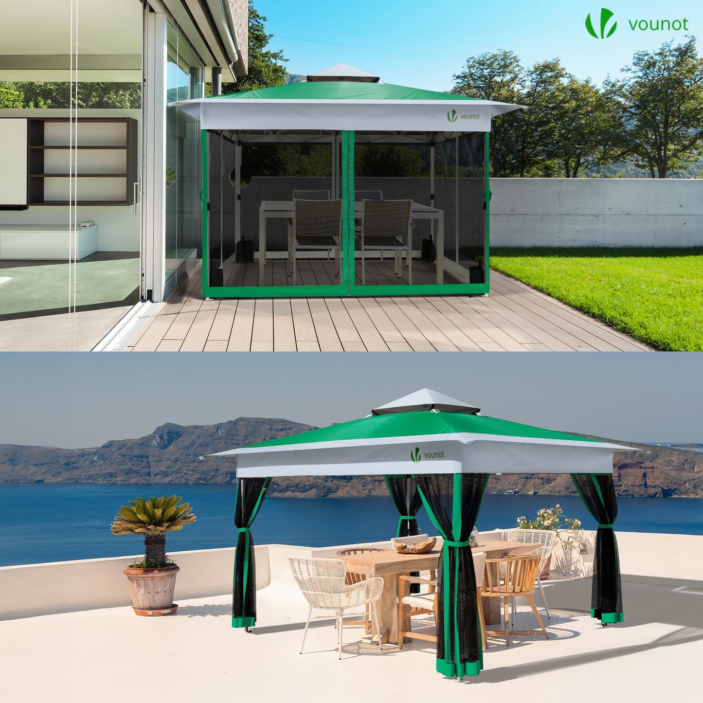 VOUNOT Pavillon Faltbar 3,6x3,6m, Pop Up Partyzelt mit Mesh Sides & Doppeldach, Faltpavillon Stabil mit Bein Gewichte & Roller Bag, Gartenpavillon Gartenzelt Grau