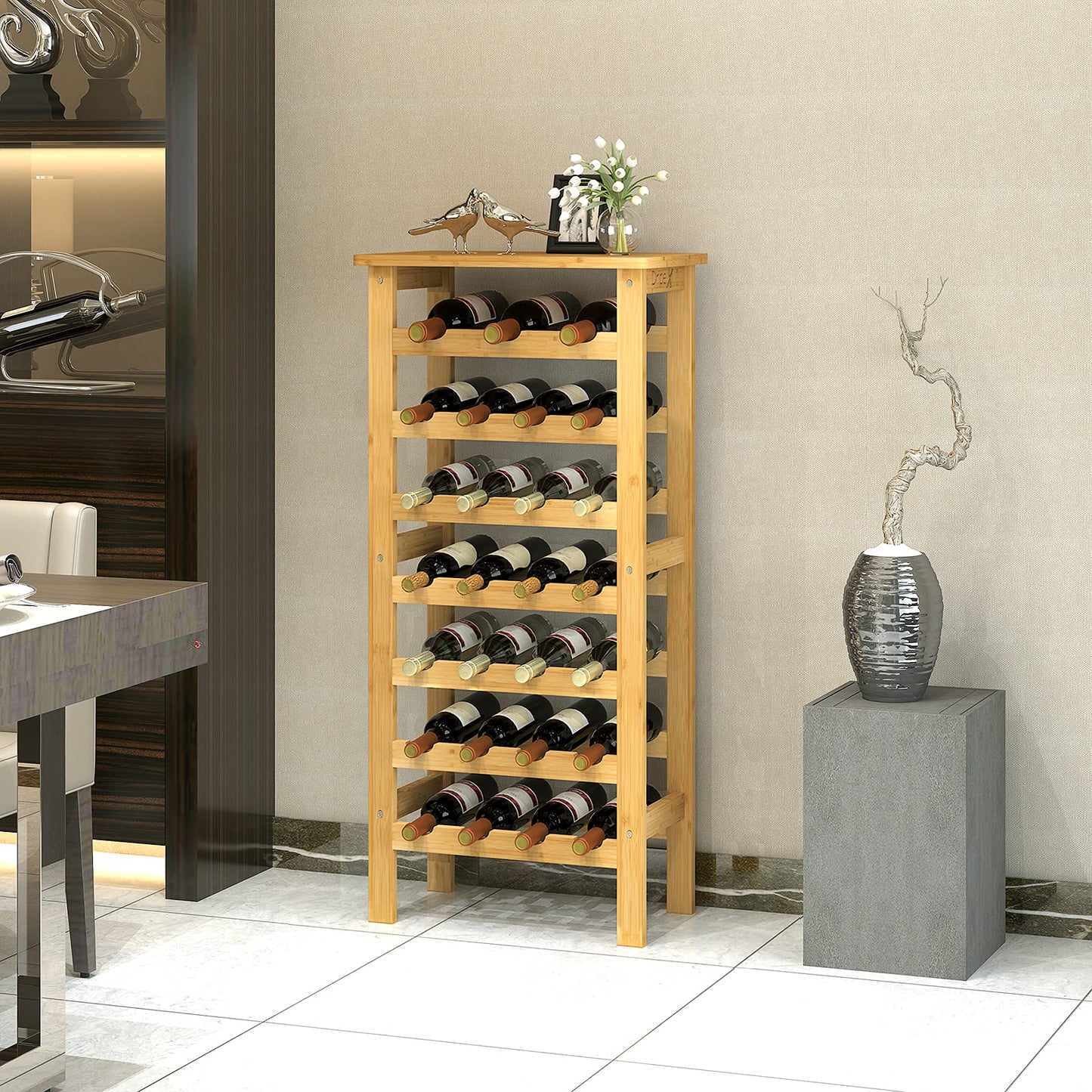Dripex Wine Rack Bamboo Wine Bottle Rack 7 Levels Bottle Rack for Cellar Kitchen 27 Bottles 0.75 and 1 Litre 47 x 29 x 102 cm
