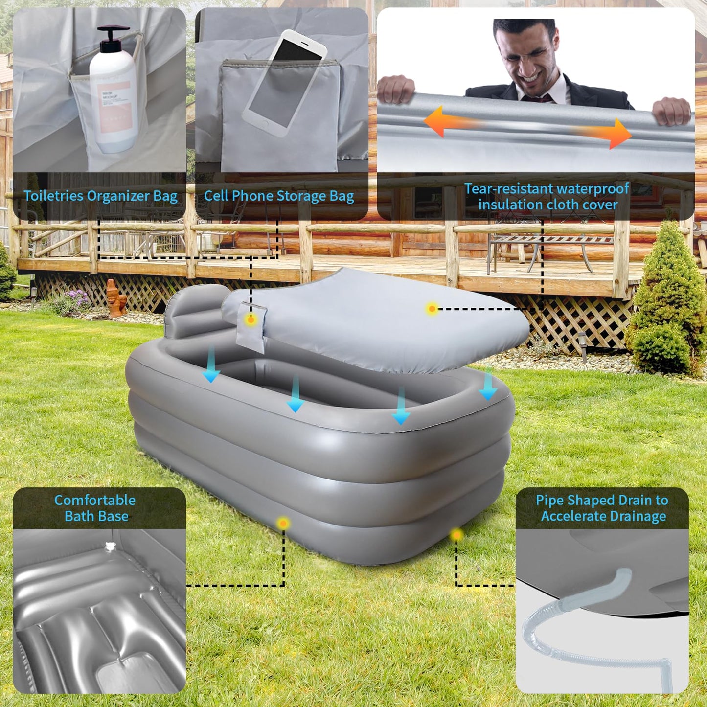 Nevife Inflatable Bathtub with Heat Protection Cover Cloth & Comfort Base, Foldable Adult Bathtub for Spa, Ice Baths, Camping - Includes Hand Pump, XL (158 x 95 x 45 cm)