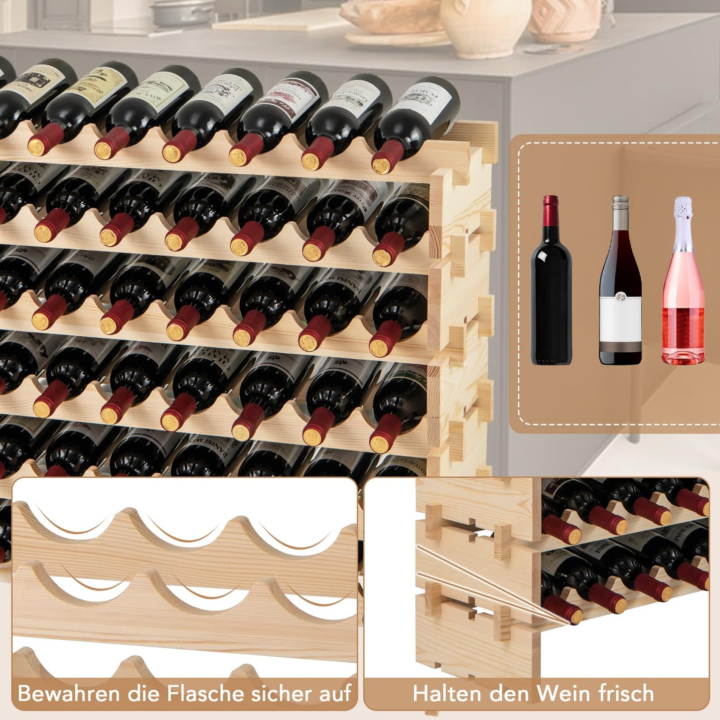 COSTWAY Wine Rack Wood Stackable Bottle Rack for 72 Bottles, Wine Rack with 6 Levels, Wooden Shelf, Bottle Stand for Kitchen, Dining Room, Bar, Basement, 119 x 29 x 72 cm