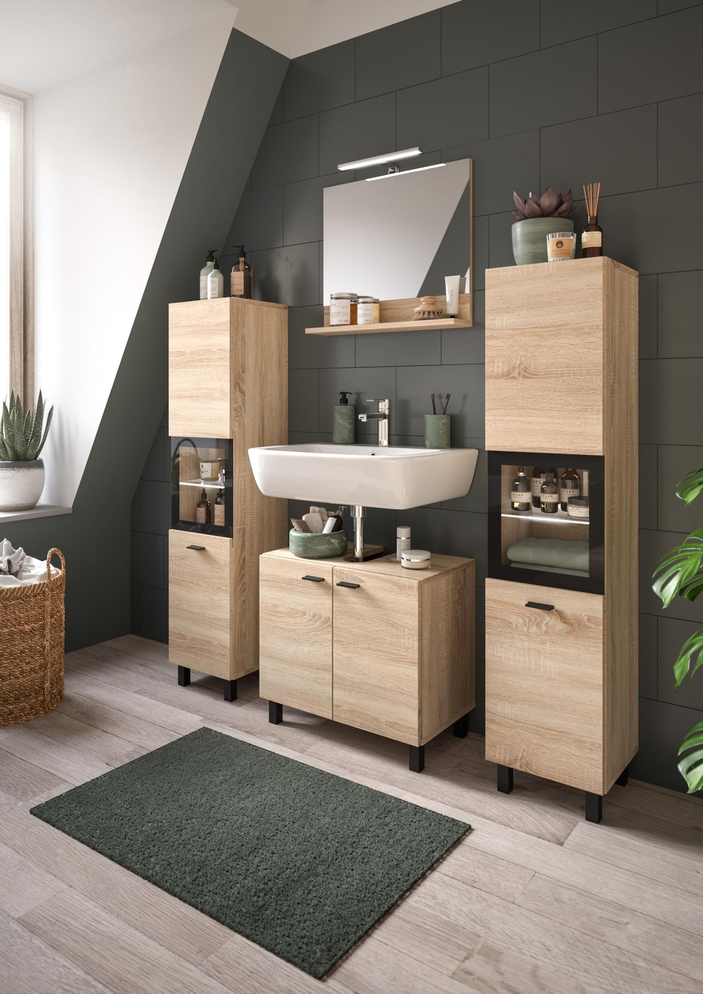 Boston Bathroom Cabinet, Standing Wall Cabinet, Hanging Cabinet, Wall Cabinet, Sonoma Oak Wood, Approx. 30 x 80 x 29 cm, Floor Standing/Hanging Mountable