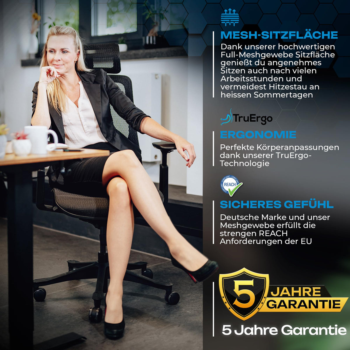 M2 Ergonomic Office Chair, Test Winner with Adjustable Armrest without Headrest for Maximum Freedom of Movement, Back-Friendly, Comfortable Desk Chair for Office and Home Office Chair