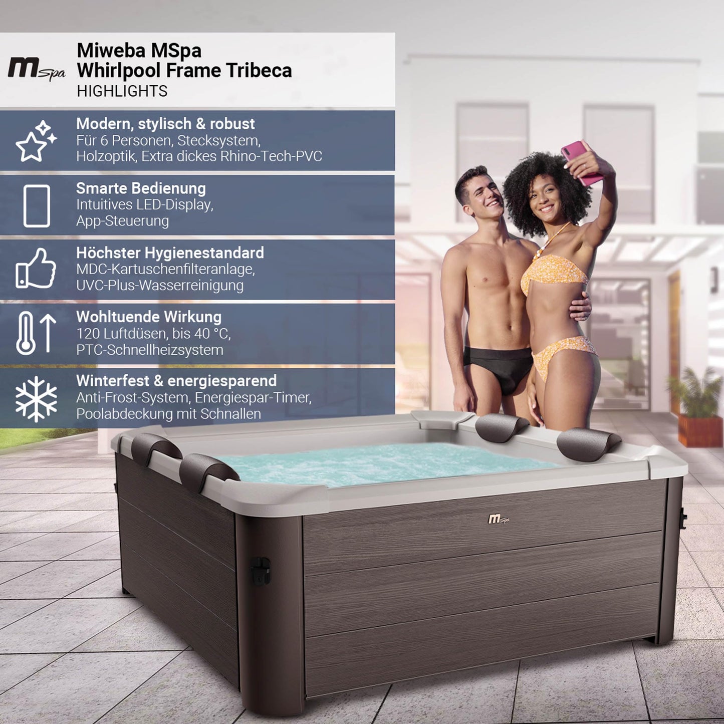 Miweba Whirlpool MSpa Tribeca mit Fester Außenwand | Pool mit App Steuerung | Spa für 6 Personen | 160x160x65cm | 120 Massagedüsen | Ganzjähriger Einsatz Winterfest | In & Outdoor Pool | Aufstellpool