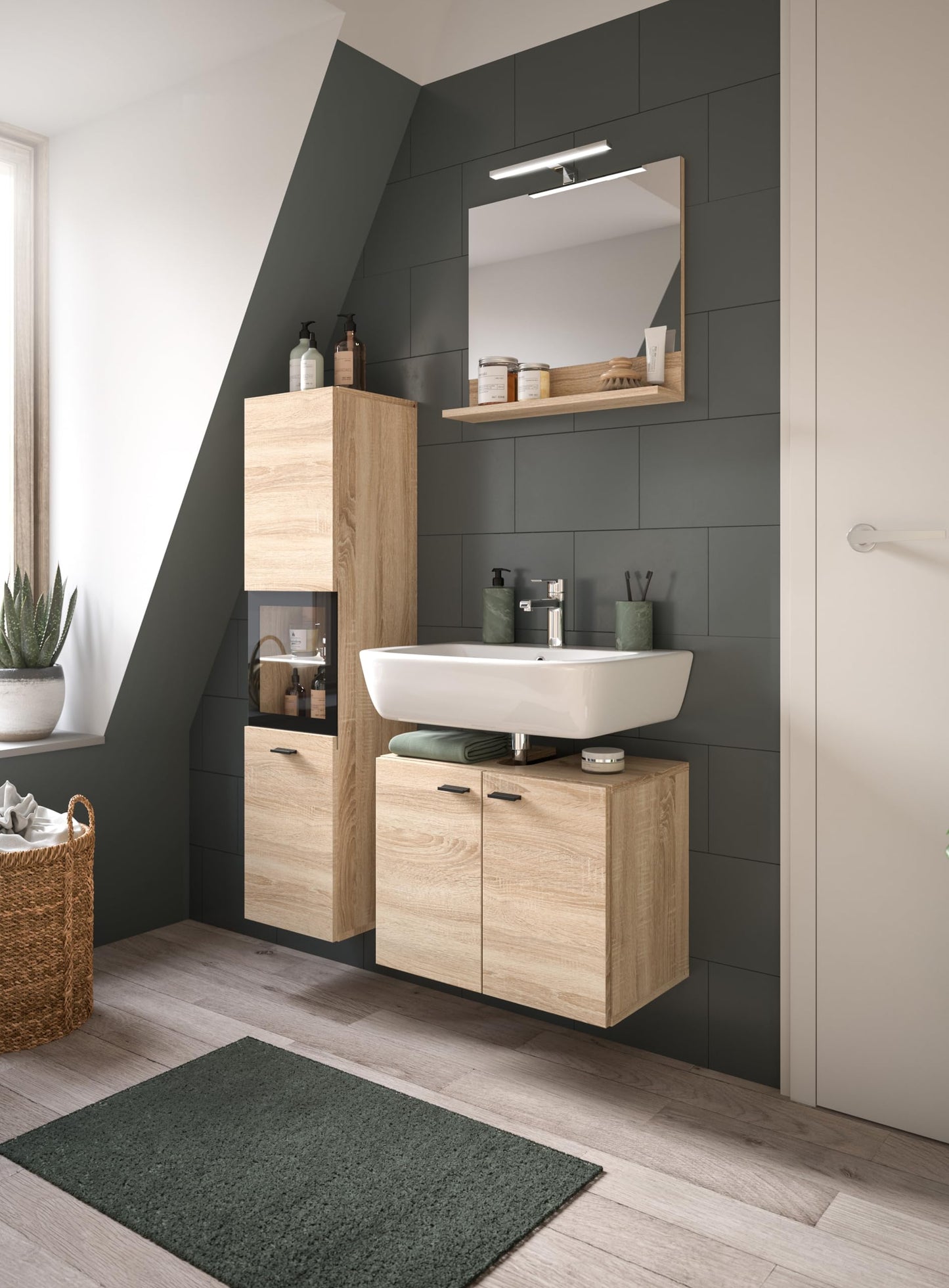 Boston Bathroom Cabinet, Standing Wall Cabinet, Hanging Cabinet, Wall Cabinet, Sonoma Oak Wood, Approx. 30 x 80 x 29 cm, Floor Standing/Hanging Mountable