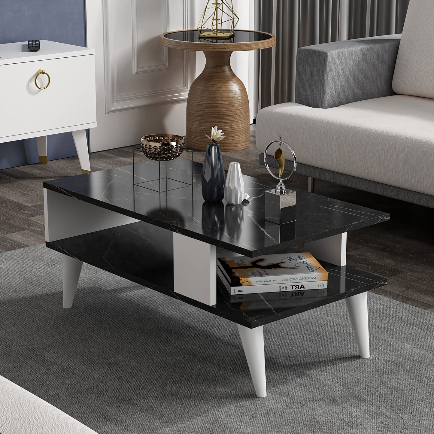 [en.casa] Lycksele Coffee Table Living Room Table with Storage Space Rectangular Black Marble Look White with Lower Shelf Sofa Table