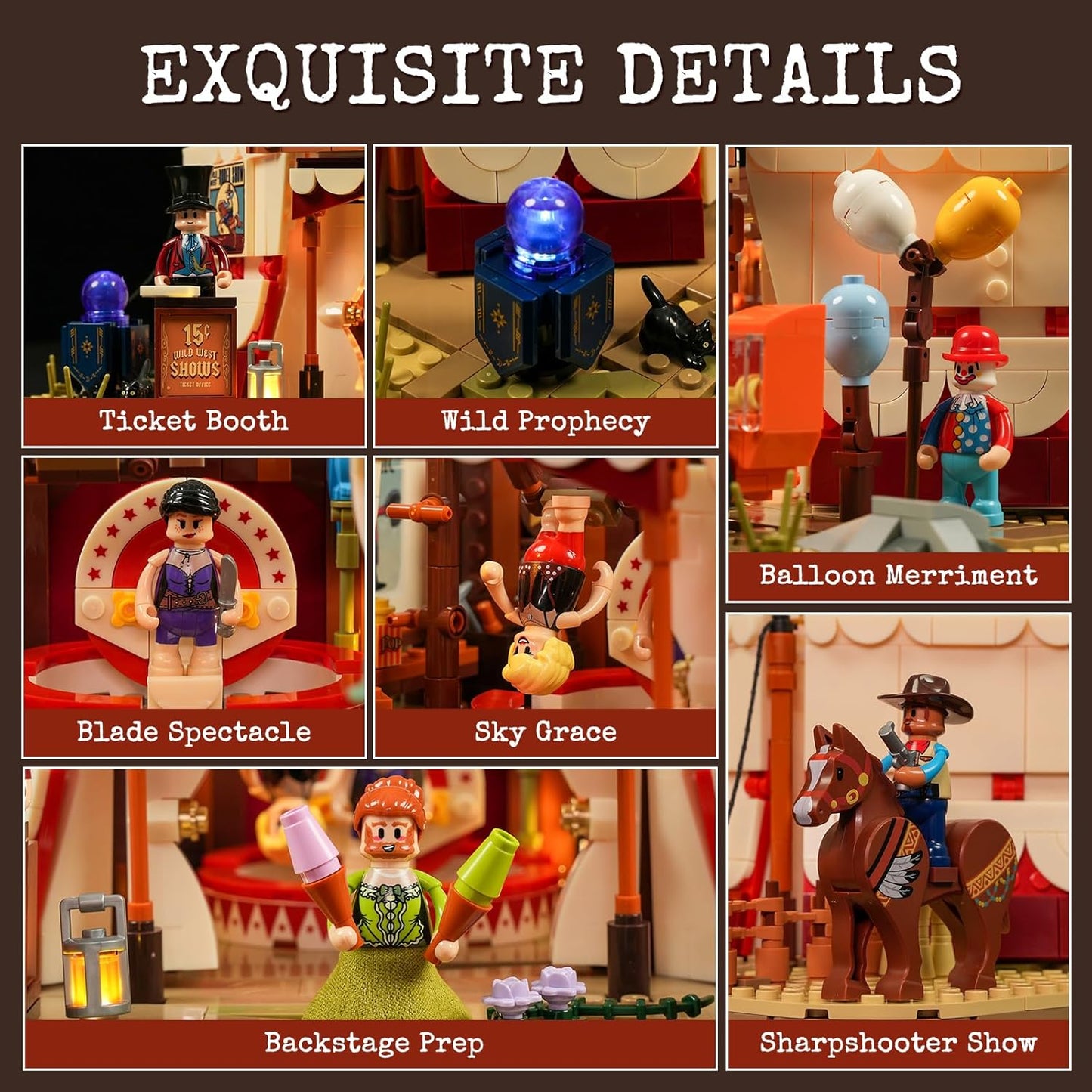 Lumibricks Traveling Circus Bauset mit Licht – 1962 Teile Zirkuszelt mit LED & Minifiguren – Modularer Jahrmarkt für Erwachsene, Westernfans & Freizeitpark-Sammler