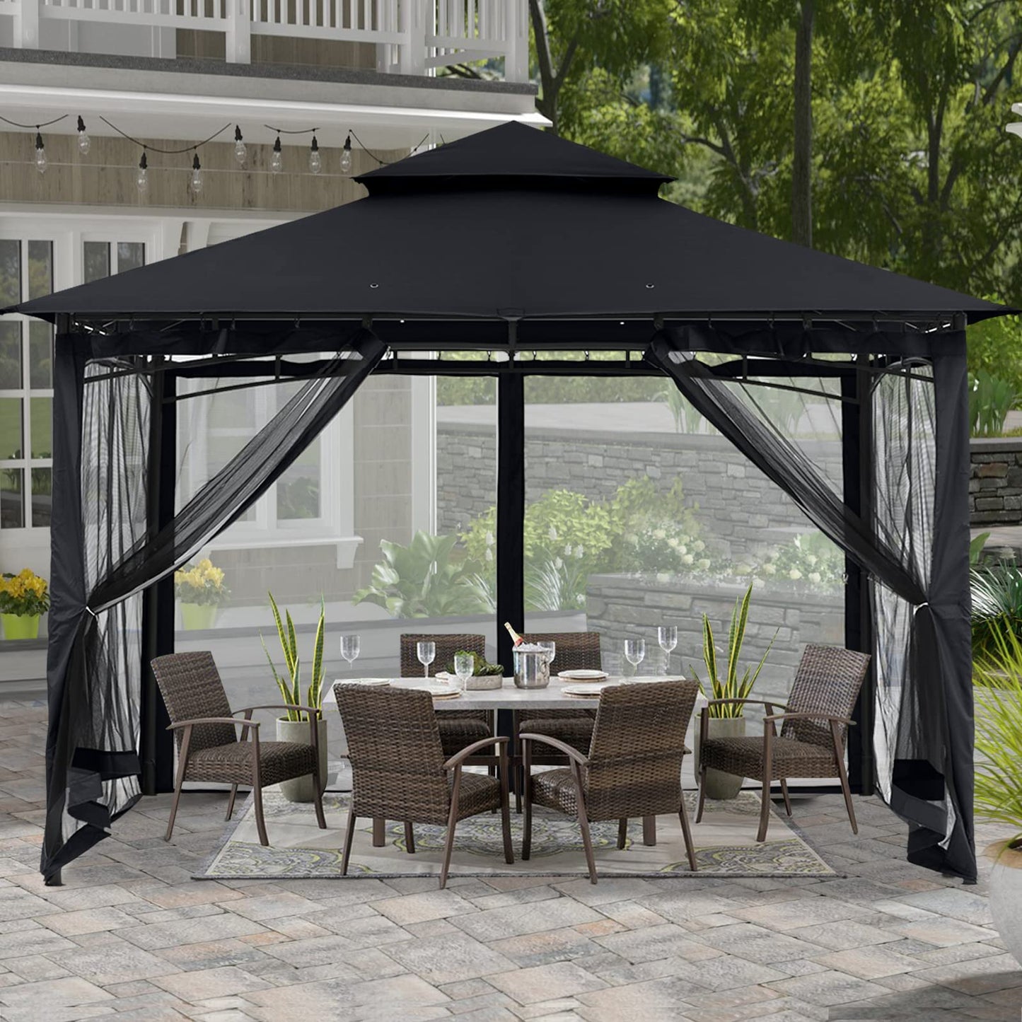 ABCCANOPY Pavillon 2.5x2.5m Wasserdicht Stabil Winterfest Gartenpavillon，Doppeldachweichdach Hinterhof-Partyzelt mit Netz für Schatten und Regen,Grau