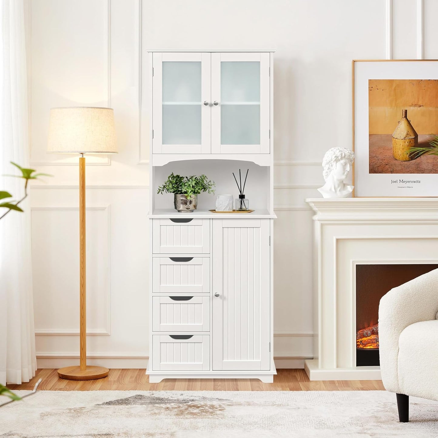 Yaheetech Tall Bathroom Cabinet, Kitchen Cabinet with Glass Doors and Storage Compartment, Storage Cabinet, Bathroom Chest of Drawers with 4 Drawers and Adjustable Shelf, 63 x 30 x 165.5 cm