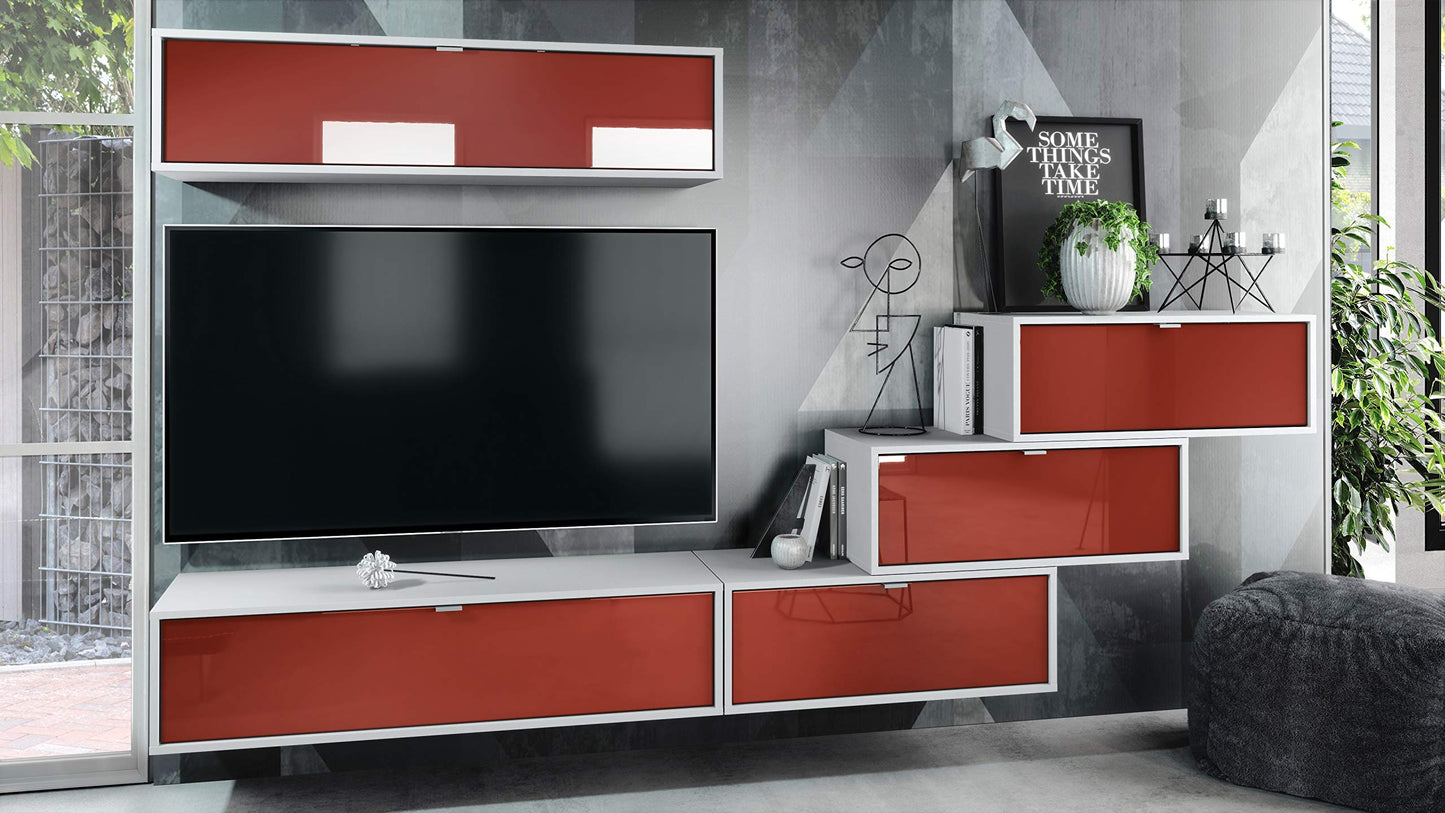 Vladon Lana V1 Wall Unit Made of 5 Hanging Elements with 12 Compartments, Made in Germany, Body in Matte White, Fronts in Bordeaux High Gloss, Large Choice of Colours