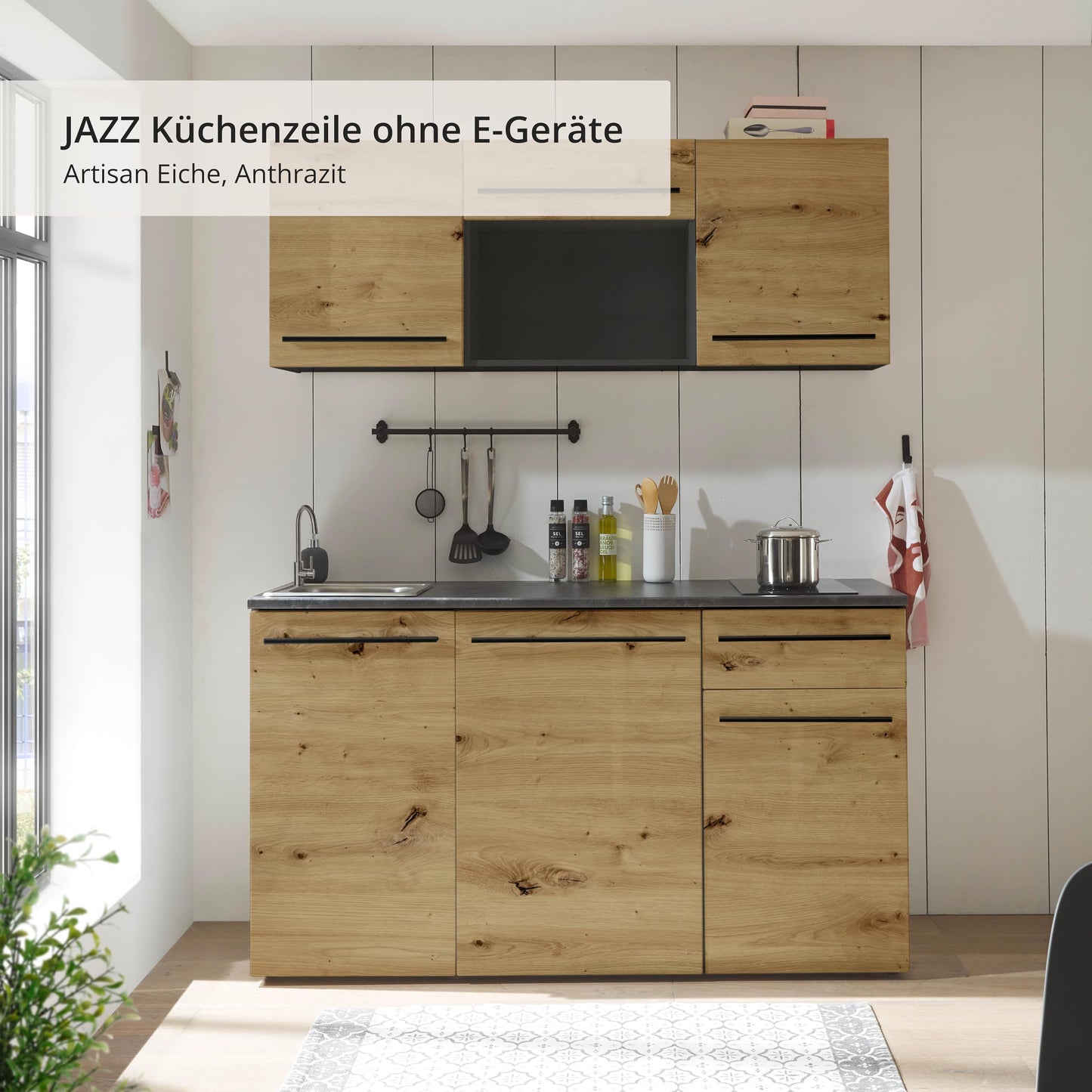 Jazz 84-240-Y6 Single Kitchen Unit Black / Artisan Oak Approx. 160 x 212 x 60 cm