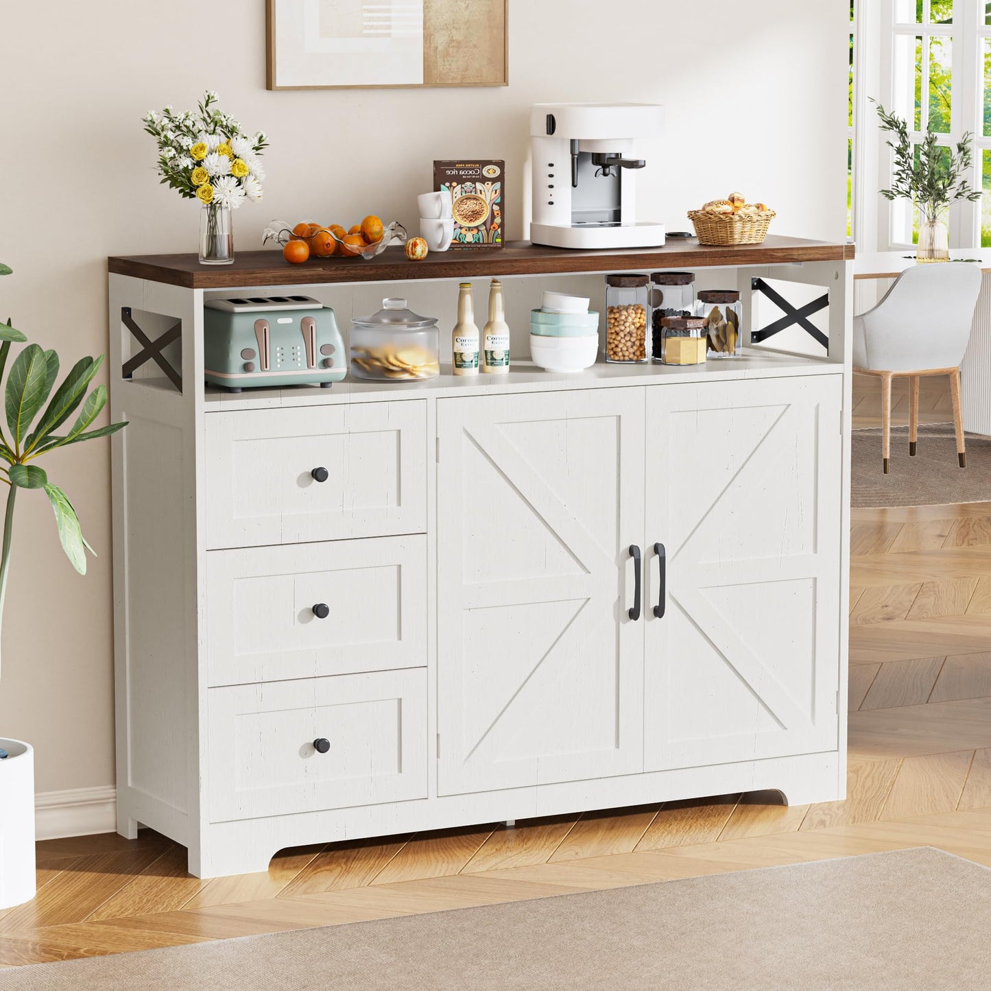 Kitchen Cabinet, Sideboard with Drawers and Open Shelf, Sideboard, Kitchen Cabinet, Coffee Bar Cabinet for Kitchen, Dining Room, Living Room, 120 x 35 x 95 cm, White