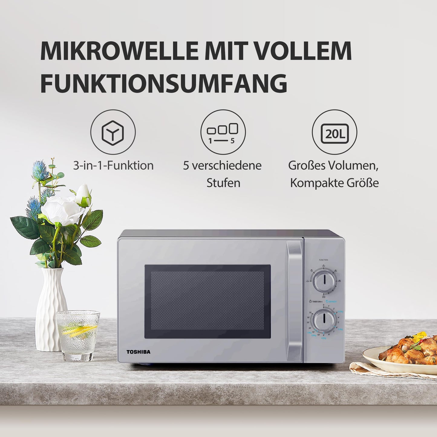 Toshiba MW2-MM20PF(BK) Microwave, Solo Microwave 20 l, 800 W, 5 Power Levels with Practical Defrost Function, LED Lighting in Interior, Black