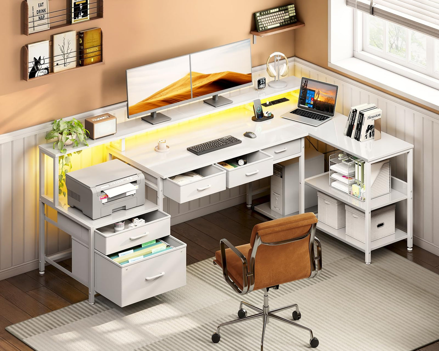 Coleshome L Shape Desk with Drawers, 195 x 100 cm Gaming Table with Socket, LED & Monitor Stand, Reversible Corner Desk with Storage Space, Computer Desk with Shelf for Office, Black