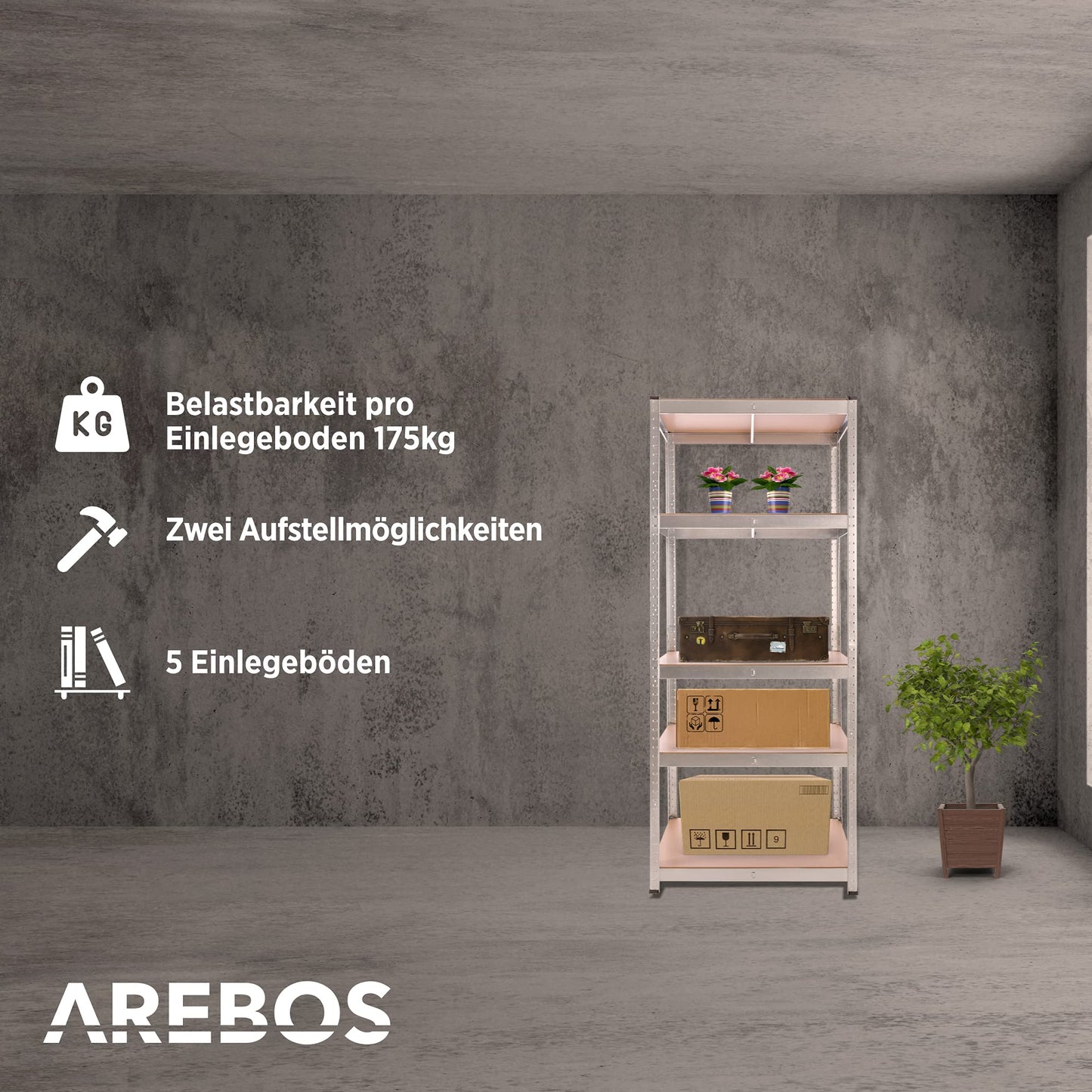 Arebos Heavy Duty Shelving Set of 2 | 180 x 75 x 45 cm | 875 kg Load Capacity | 5 MDF Panels | Easy to Assemble with Plug-In System Shelving Unit Storage Shelving Cellar Shelving Workshop Shelving