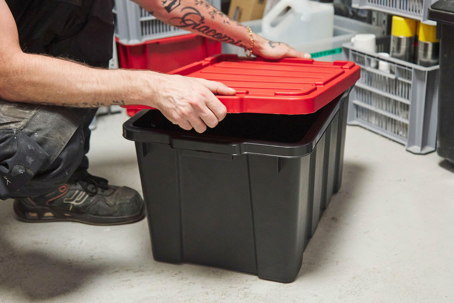 Iris Ohyama, 100L Plastic Storage Box with Heavy Duty Lid, Set of 2, Black, Stackable, Garage Shelves, Moving Moving Plastic Tool Box Storage Box UTB-27