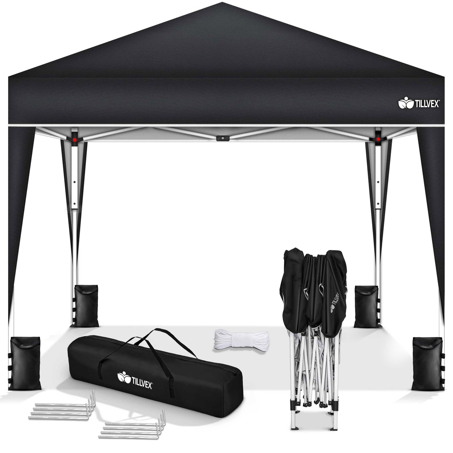 tillvex Gazebo 3 x 3 m Waterproof with 4 Side Panels + Set of 4 Sandbags Pop-Up Folding Gazebo Stable & Height Adjustable Garden Tent UV Protection 50+ Party Tent with Bag for Garden, Grey
