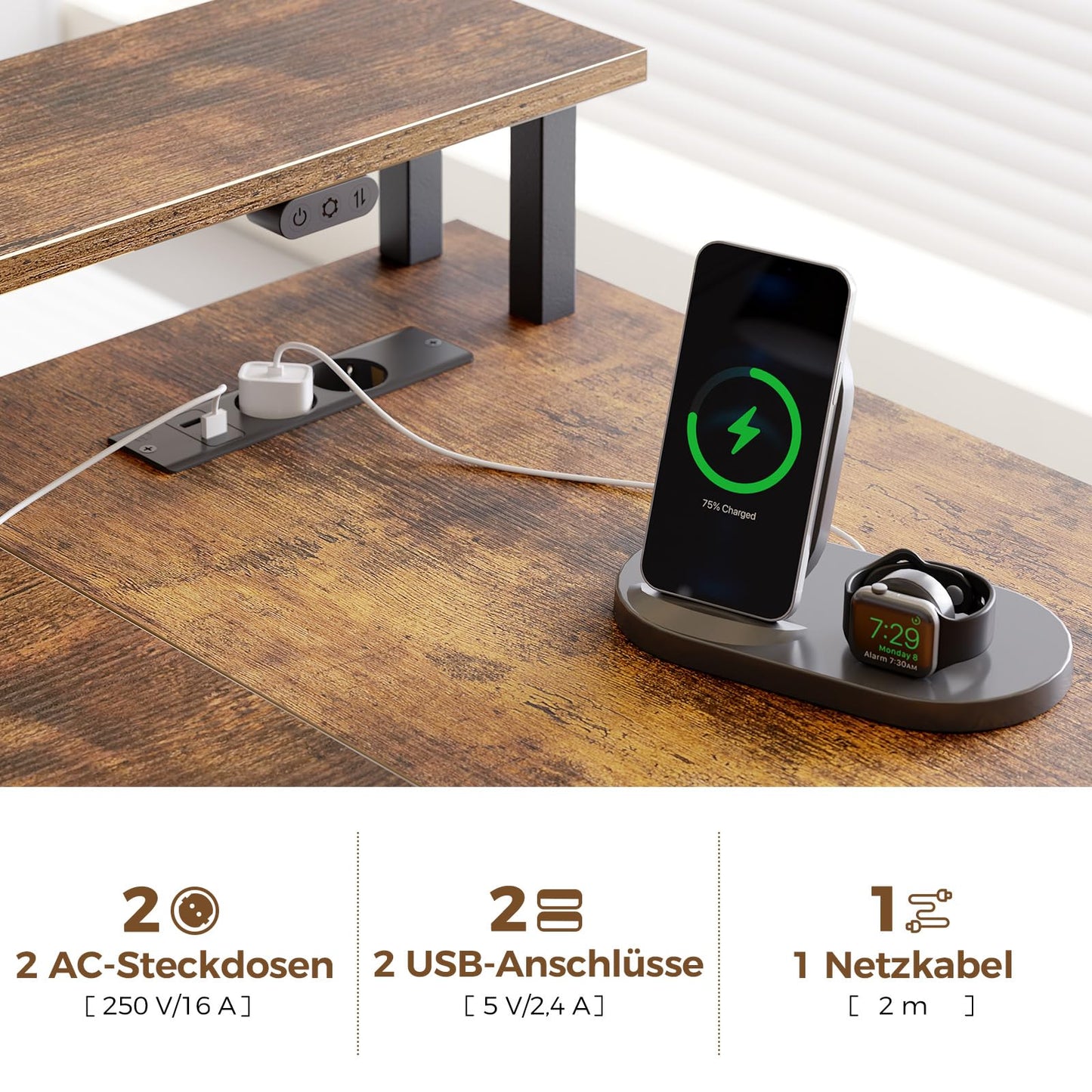 Seventable Schreibtisch L Form, Computertisch mit Steckdose, LED & Monitorständer, Reversibel Eckschreibtisch mit Schubladen, perfekt für Schlafzimmer Büro Wohnzimmer