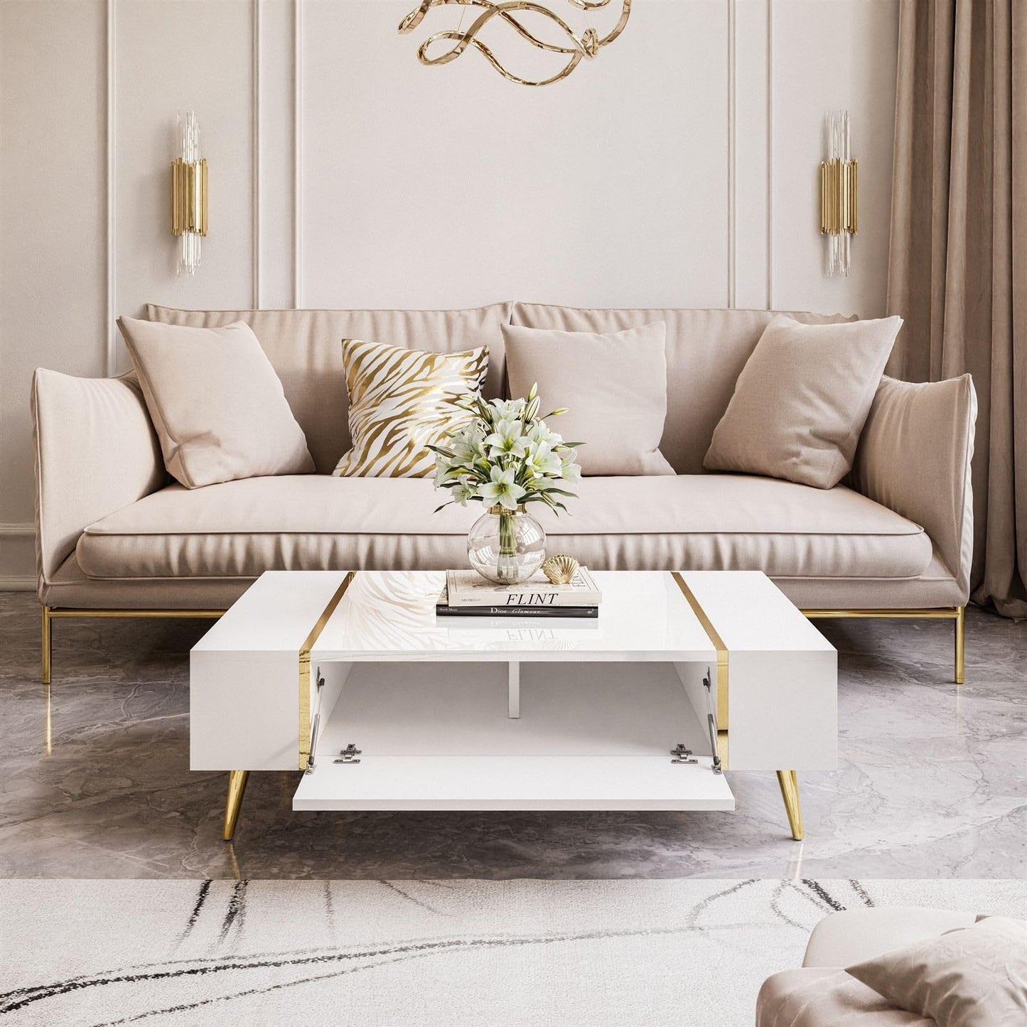 lukmebel Coffee Table White with Gold Onyx 104 x 65 x 41 cm Coffee Table with Storage Space Push to Open Living Room Table Side Table Couch Sofa Table House Table