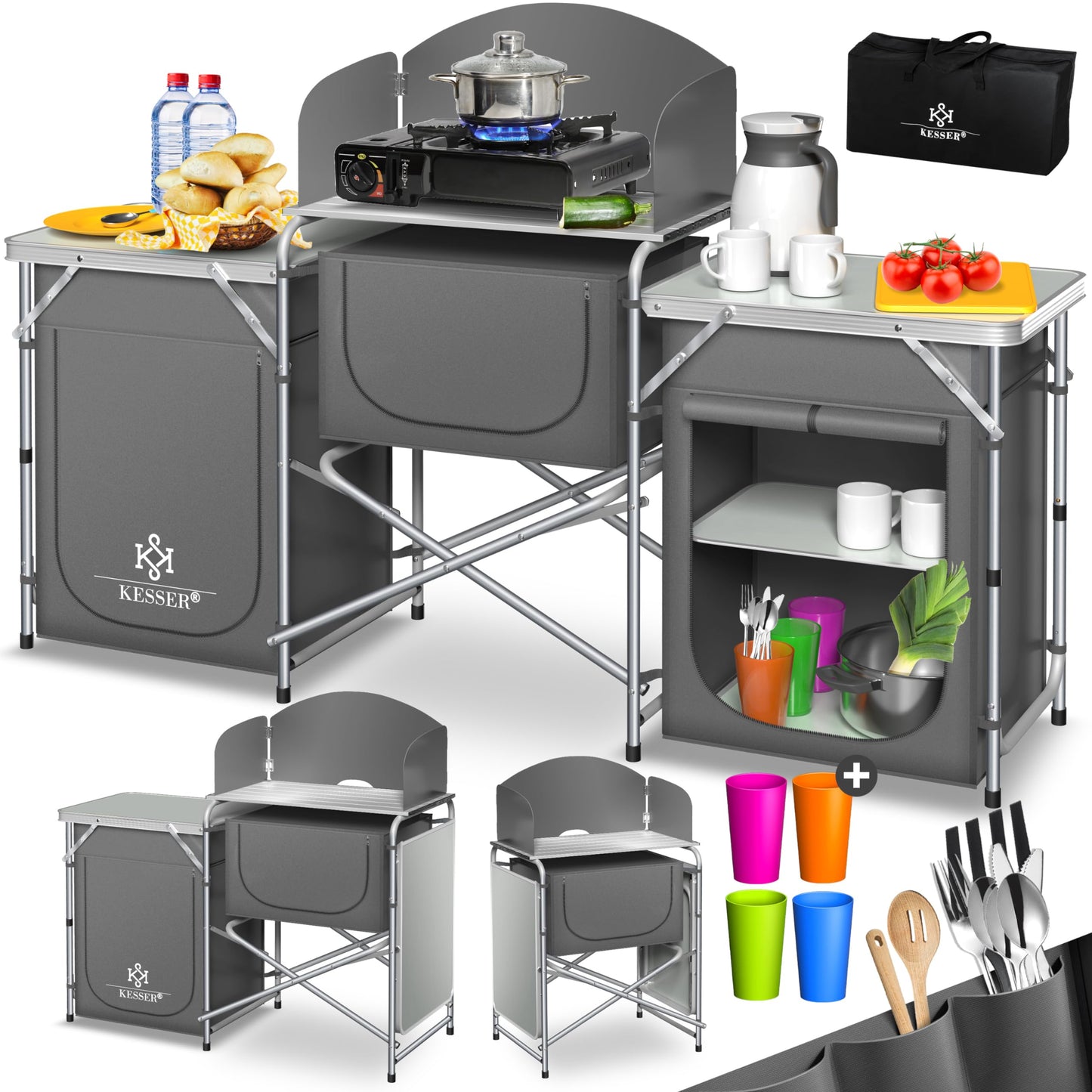 KESSER® Camping Kitchen | Includes Carry Bag & Cup Set | Camping Cabinet Folding Cabinet | with Aluminium Frame | Travel Kitchen | Kitchen Box | Tent Cabinet | Outdoor Camping Kitchen | Khaki | Type