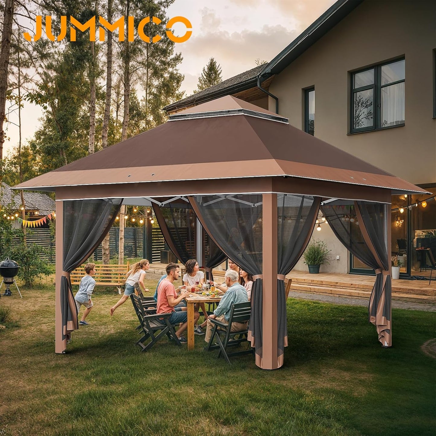 JUMMICO Pop Up Gazebo 3.24 x 3.24 Waterproof Stable Winterproof with 4 Mosquito Net Side Panels Folding Gazebo UV Protection 50+ Double Roof Gazebo for Patio Family Reunions, Brown