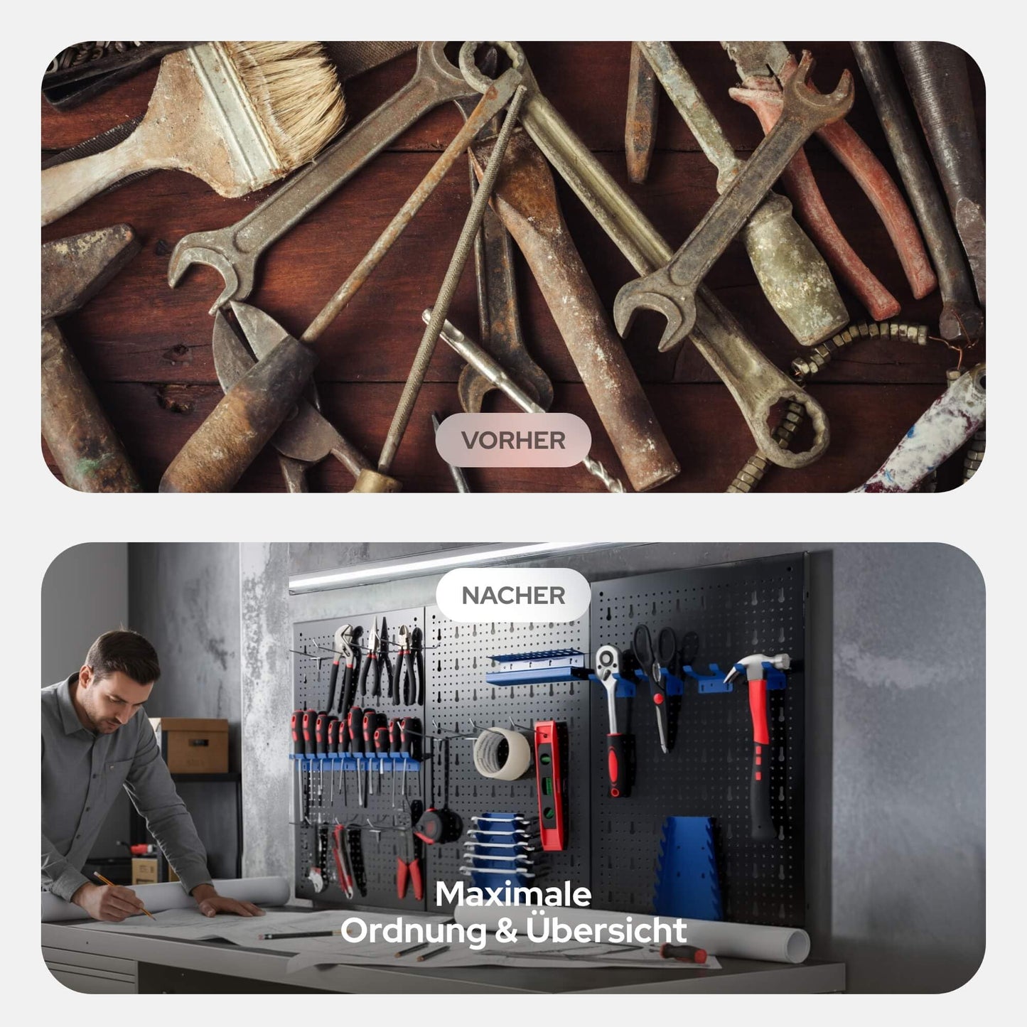 Arebos Tool Wall 3 Panels, 17- Piece Hook Set, 120 x 60 x 2 cm