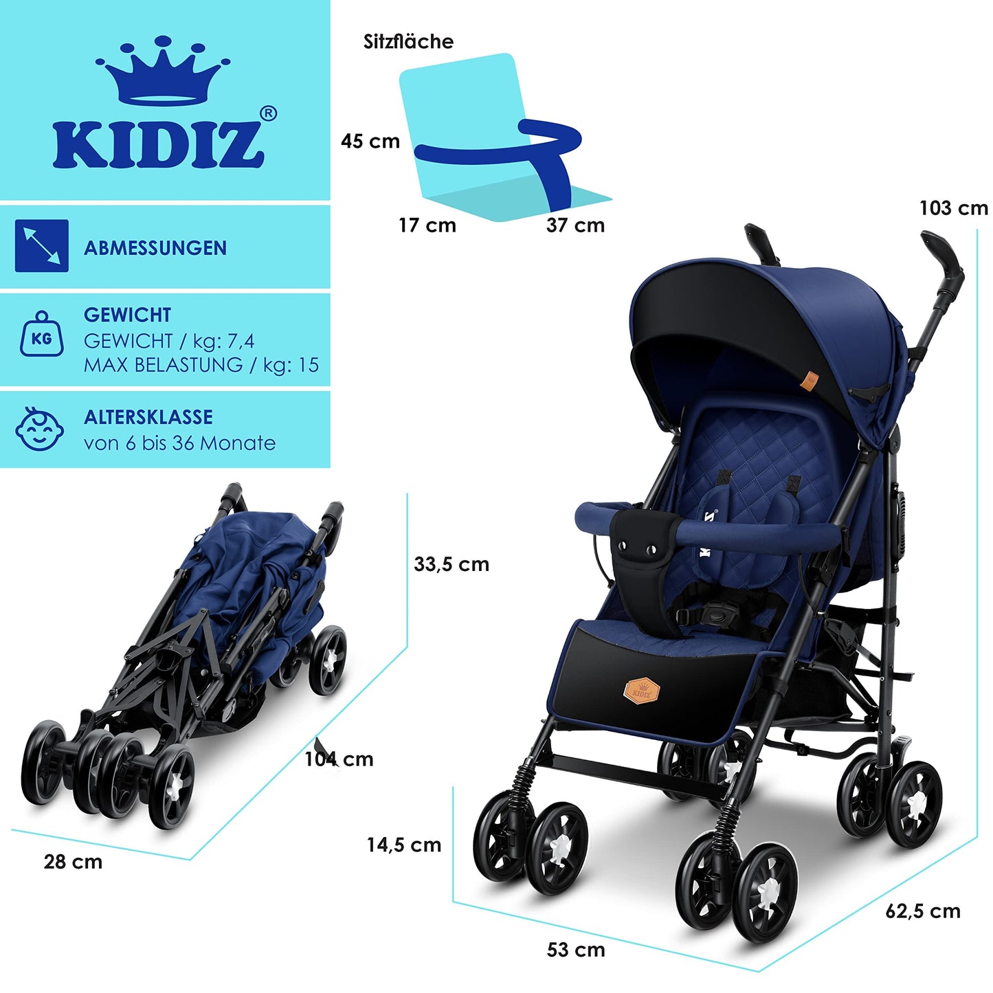 KIDIZ® City-Pro Pushchair Folding Pushchair Pushchair Sports Pushchair Foldable 360° 6 Inch Wheels Includes Mosquito Net, Footmuff and Rain Cover Foldable Sleep Function Blue