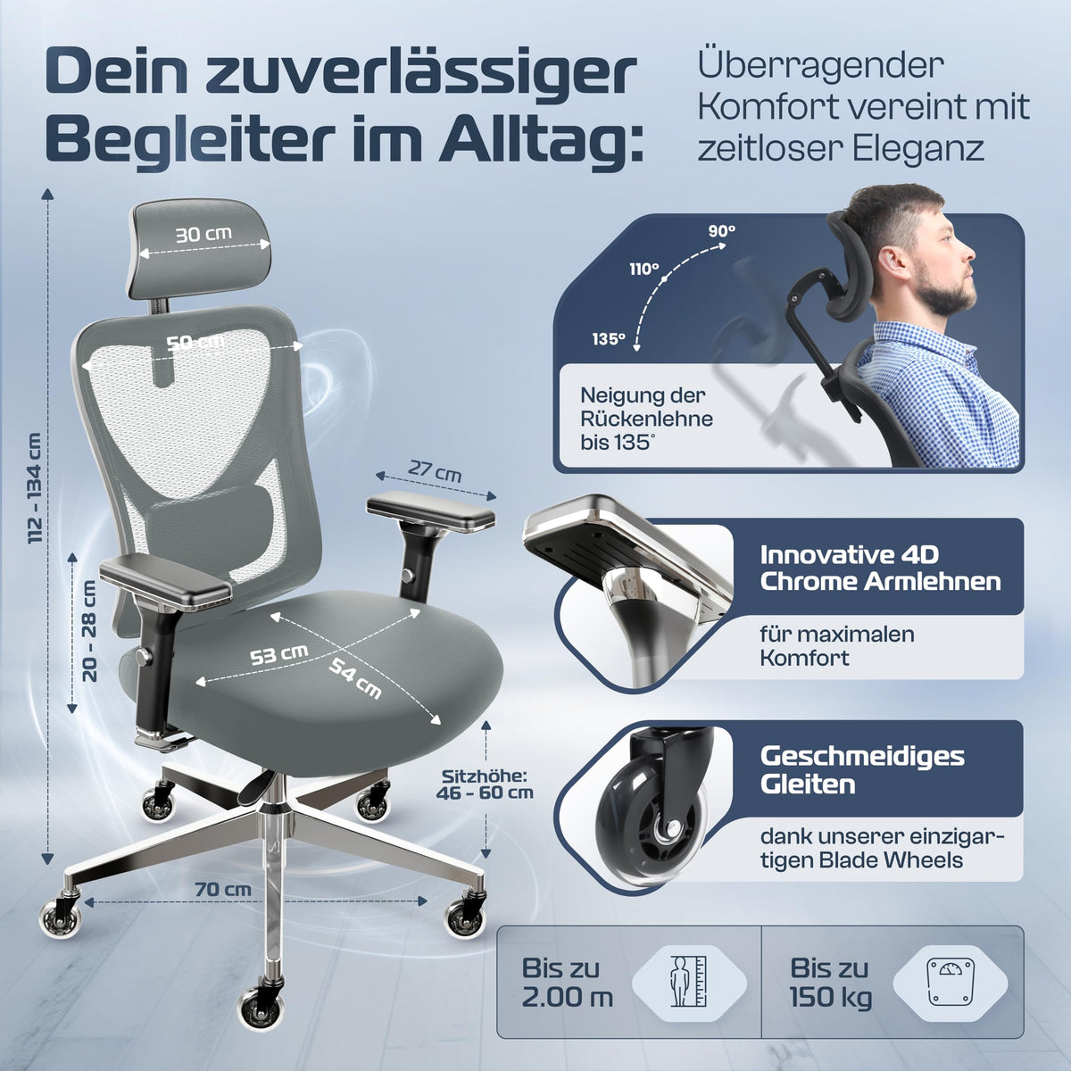 CLOUVOU BrightSeat Ergonomic Office Chair [Test Winner] Desk Chair 100% Individually Adjustable Office Chair & Gaming Chair Computer Chair Home Office Chair Ergonomic Swivel Chair 150 kg
