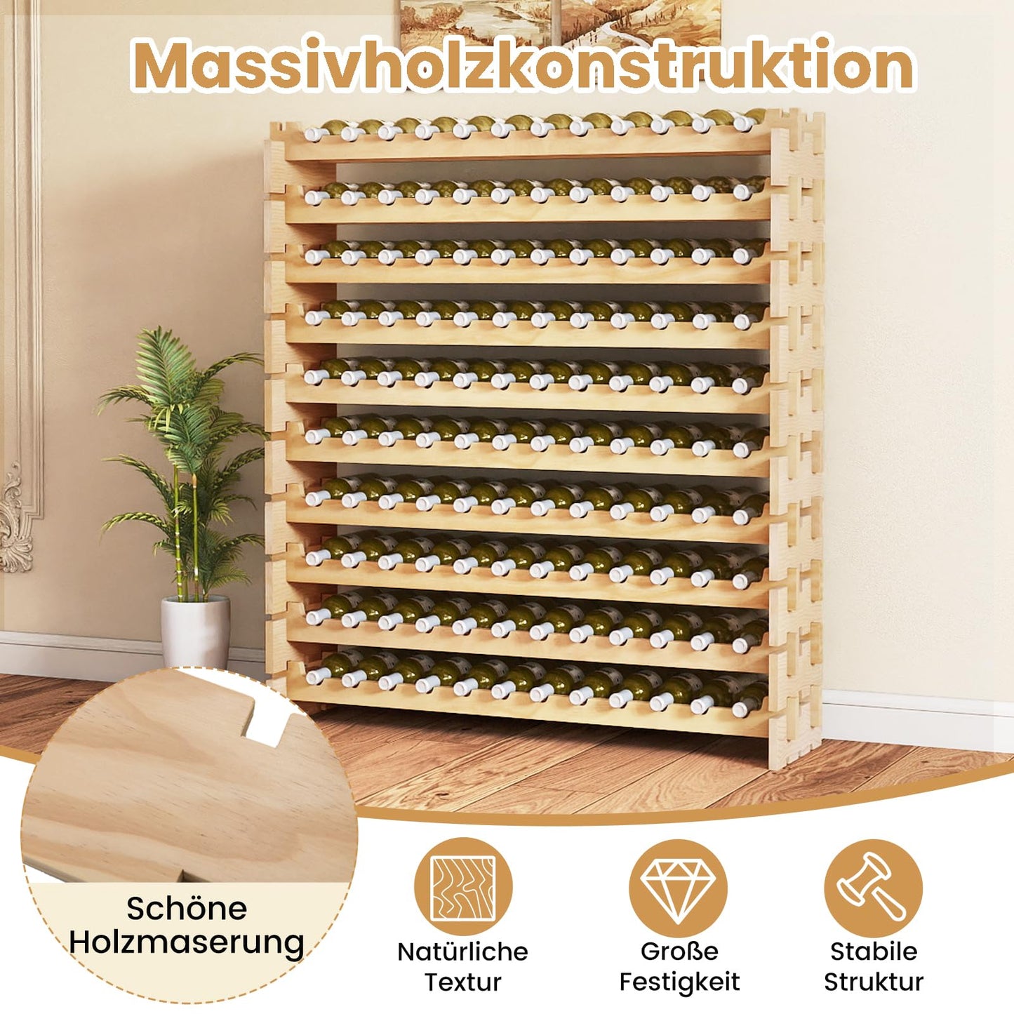 COSTWAY Wine Rack Wood Stackable Bottle Rack for 72 Bottles, Wine Rack with 6 Levels, Wooden Shelf, Bottle Stand for Kitchen, Dining Room, Bar, Basement, 119 x 29 x 72 cm