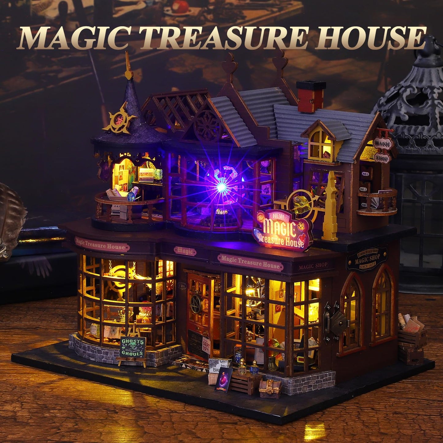 Mostop DIY Miniature Dollhouse Kit,Wooden Dollhouse Construction Kit,Miniature House Kit with LED Light und Bewegungen,Creative Room Idea for Children/Adults,Magic House,DIY Kits (Twilight Book City)