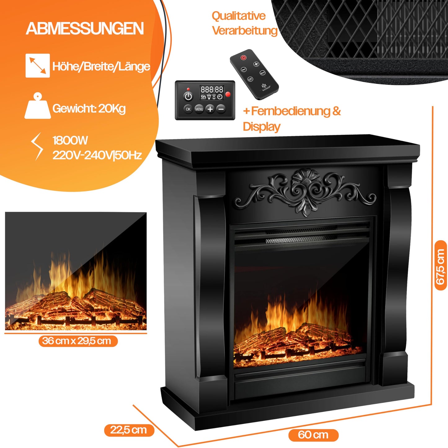 KESSER® Electric Fireplace with LED 3D Flame Effect, Heating Function, 1,800 W Power, Timer, Thermostat, Remote Control, Dimmable, Natural/Brown