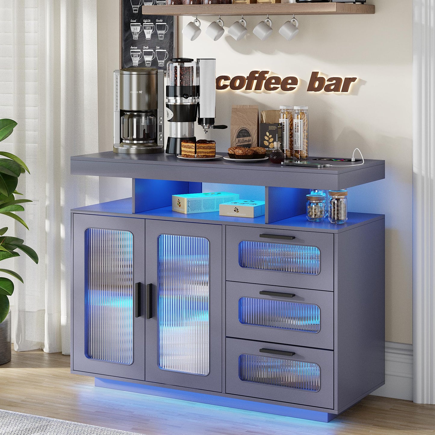 FREDEES RGB Kitchen Cabinet with Charging Station & LED Lighting, Sideboard Buffet Cabinet with Storage Space for Kitchen and Dining Room, Grey