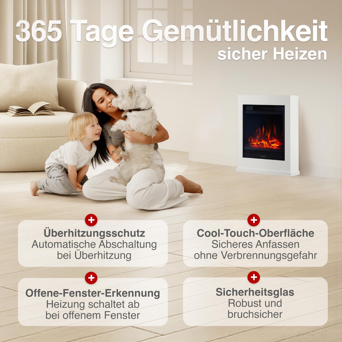 Kalle Electric Fireplace with Heater, 3D Flame Effect, Remote Control (White)